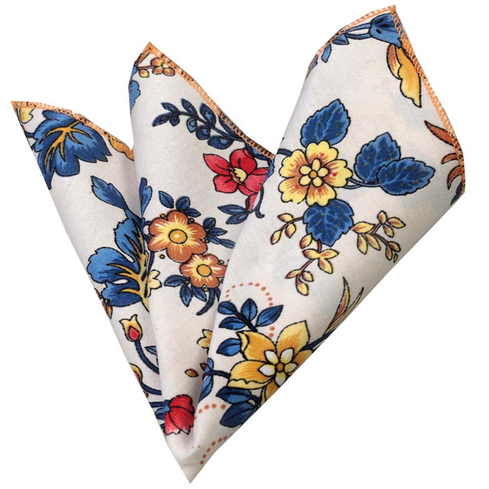 Multi Color White Floral Mens Pocket Square - Premium Silk