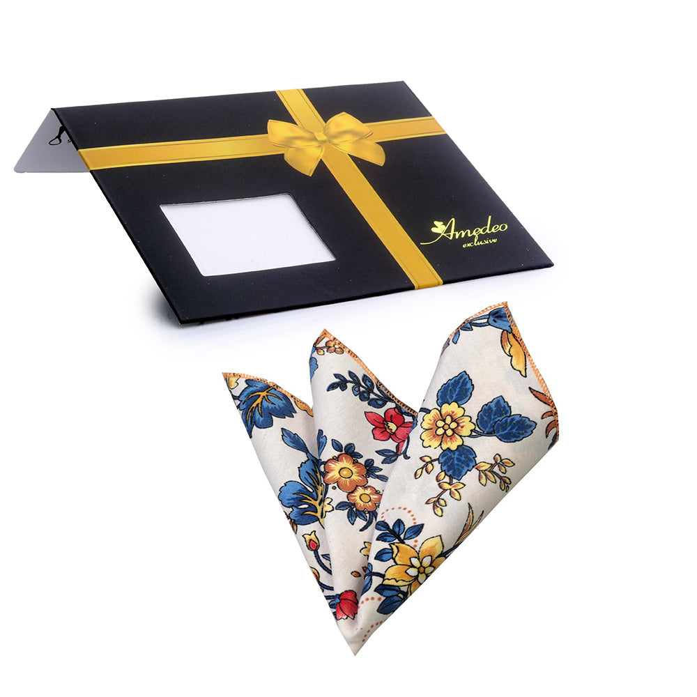 Multi Color White Floral Mens Pocket Square - Premium Silk