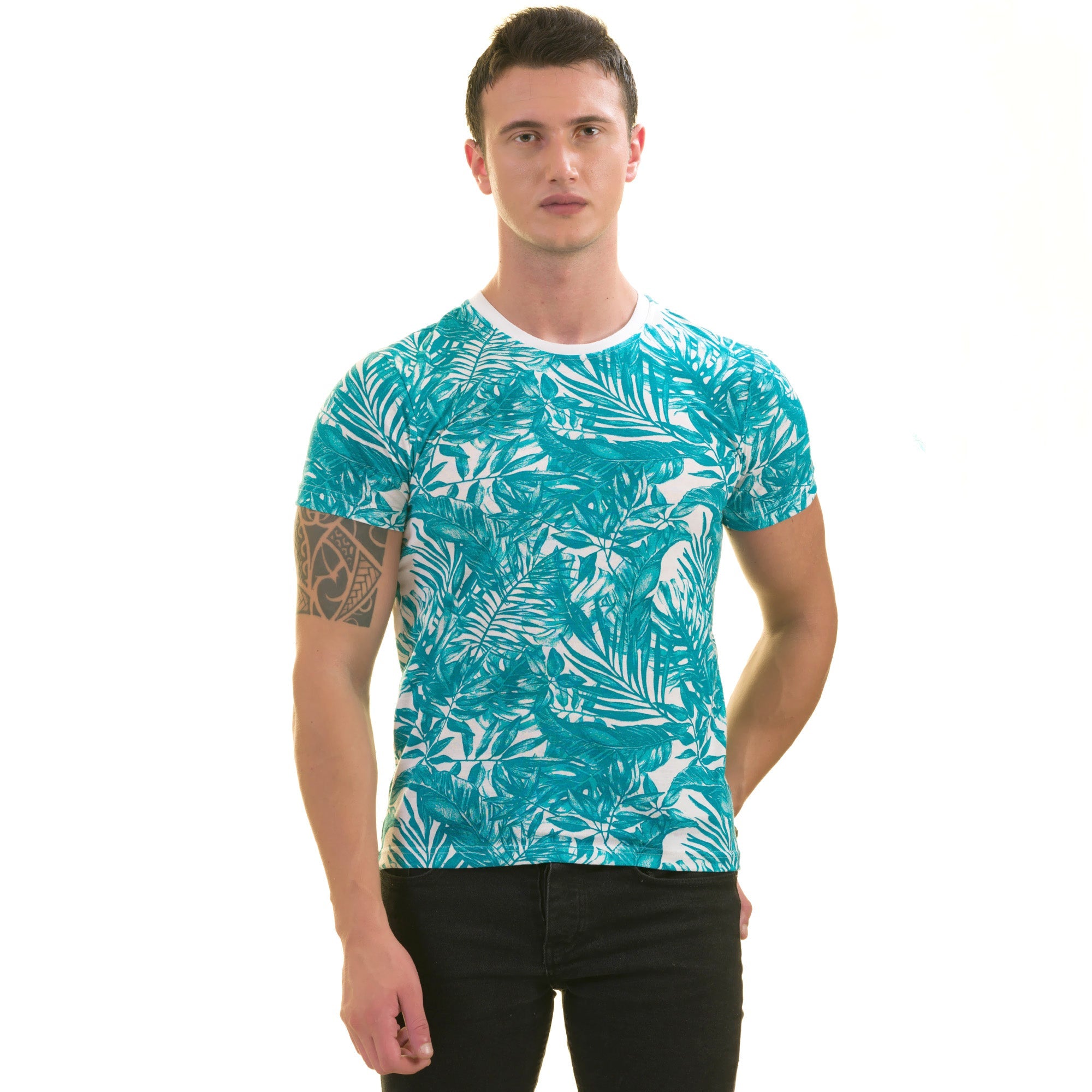 Blue Leaves Printed European Made Premium Quality T-Shirt - Crew Neck