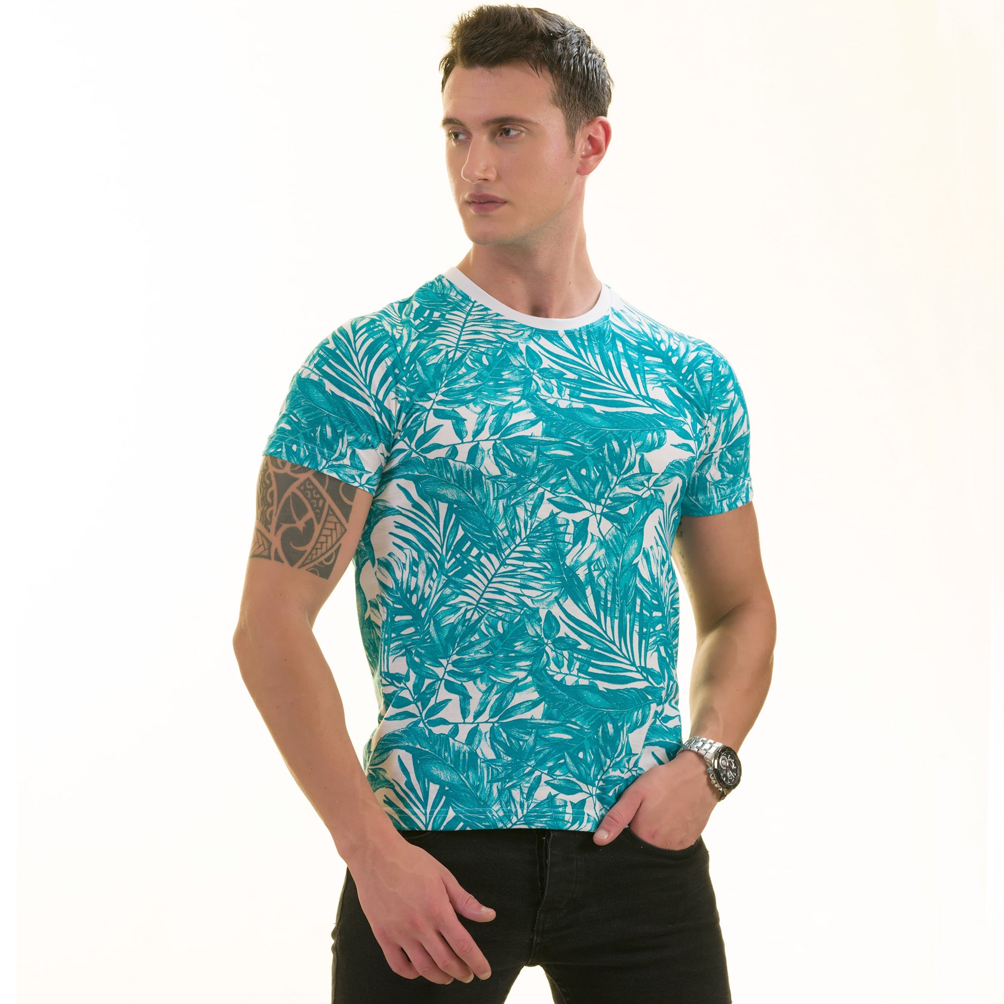 Blue Leaves Printed European Made Premium Quality T-Shirt - Crew Neck