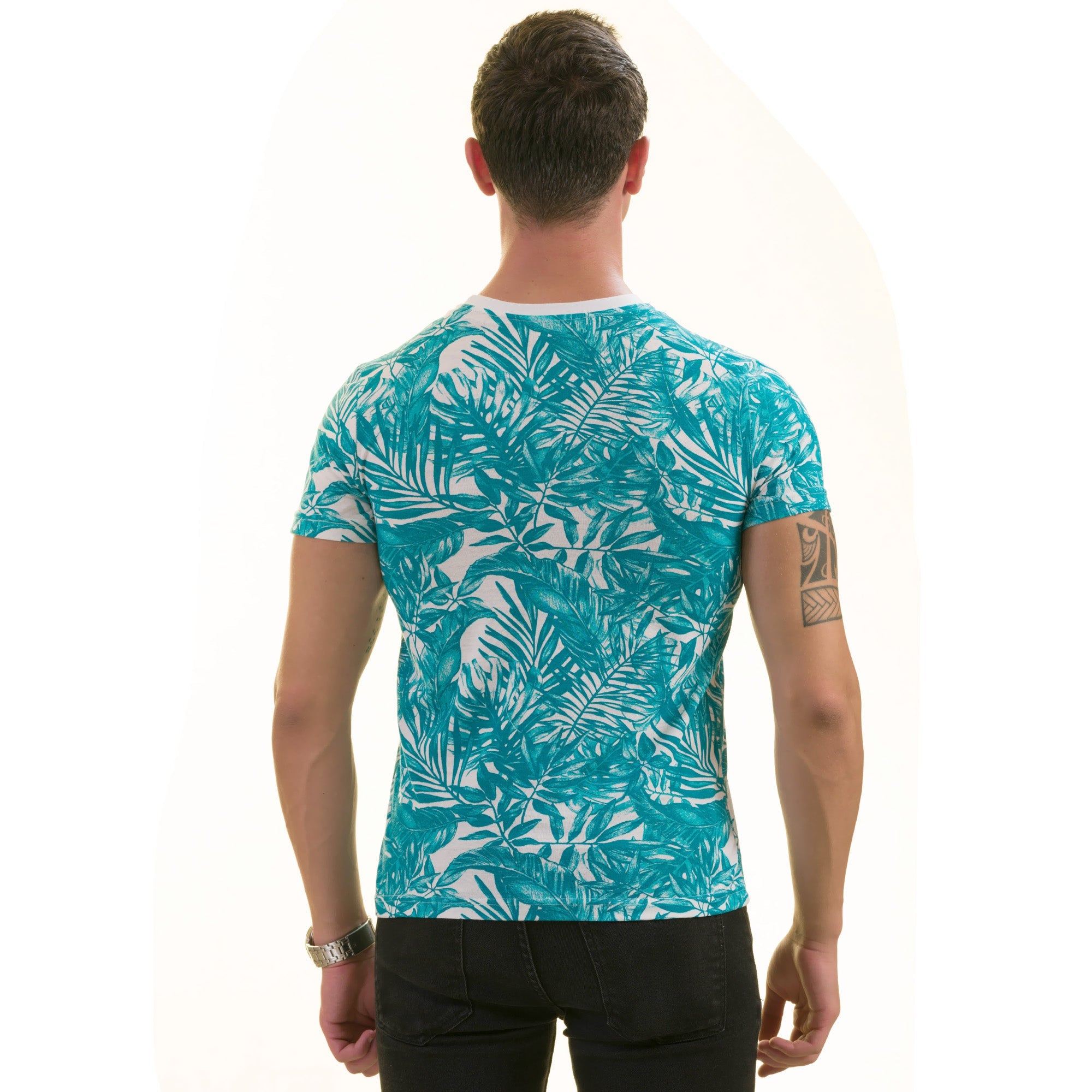 Blue Leaves Printed European Made Premium Quality T-Shirt - Crew Neck