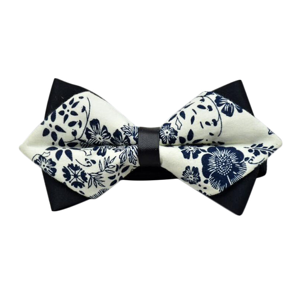 Men's White Blue Floral 100% Cotton Elegant Pre-Tied Bow Tie