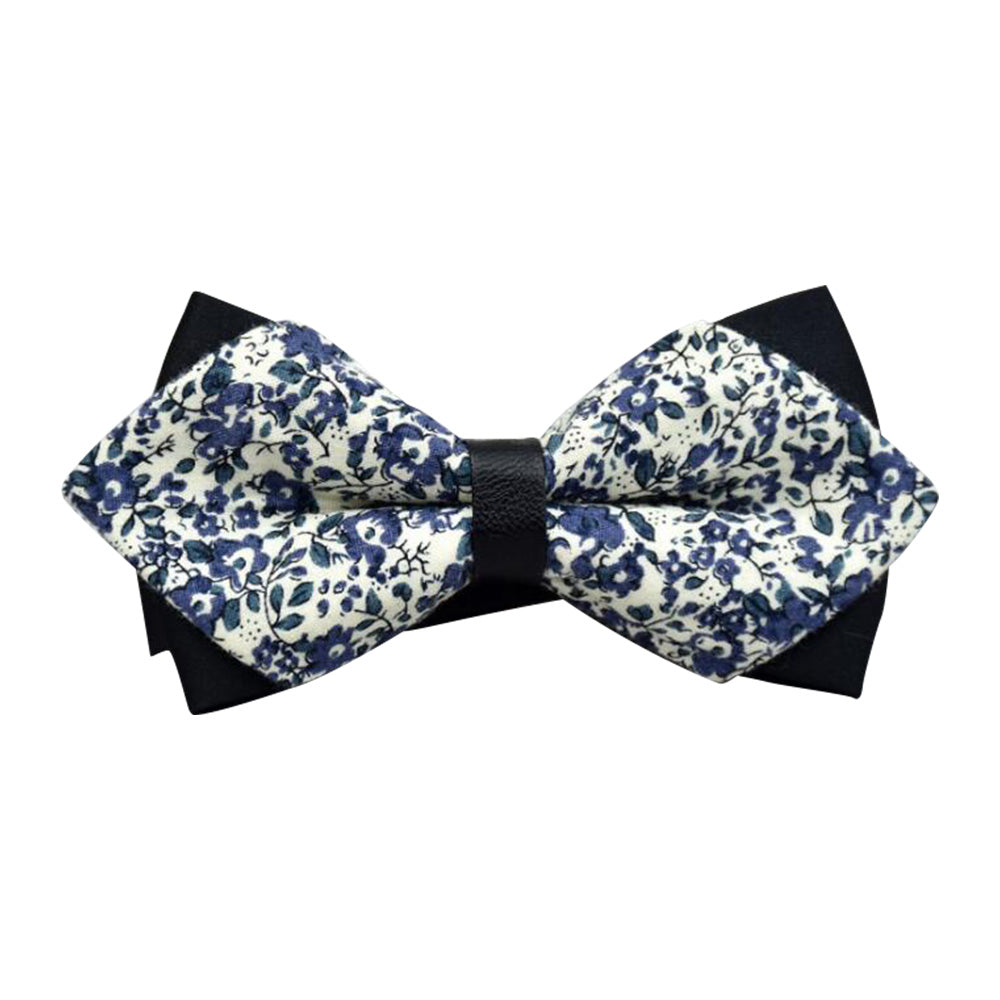 Men's White Blue Floral 100% Soft Cotton Pre-Tied Bow Tie