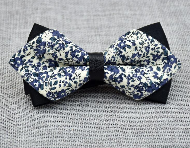 Men's White Blue Floral 100% Soft Cotton Pre-Tied Bow Tie