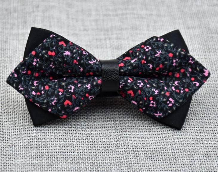 Men's Black Grey Floral 100% Cotton Pre-Tied Bow Tie