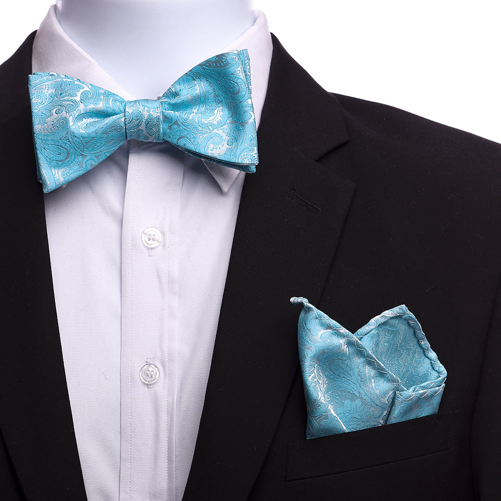 Men's 100% Silk Self Bow Tie with Matching Pocket Square Hanky Set