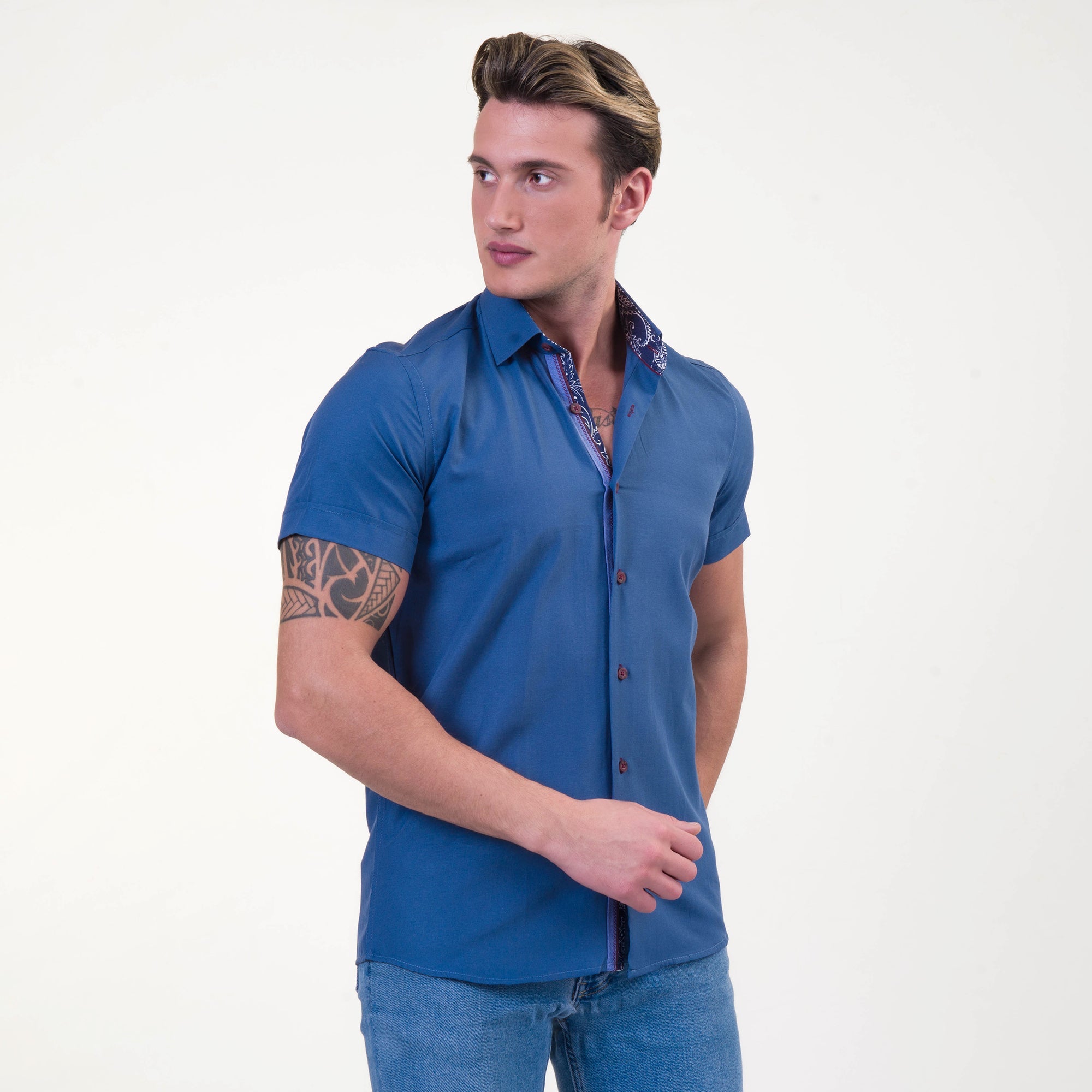 Rich Blue Mens Short Sleeve Button up Shirts - Tailored Slim Fit