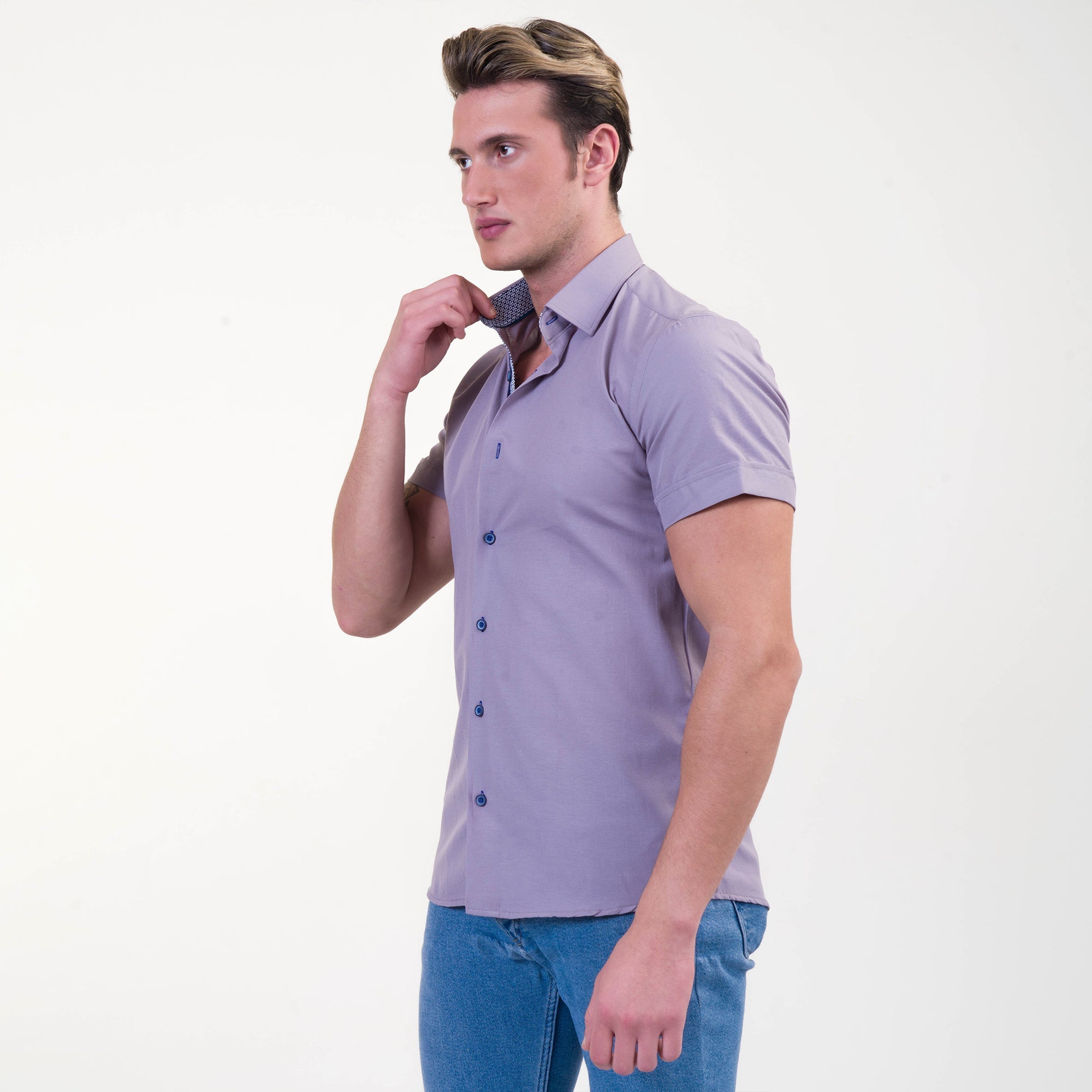 Grayish Blue Mens Short Sleeve Button up Shirts - Tailored Slim Fit