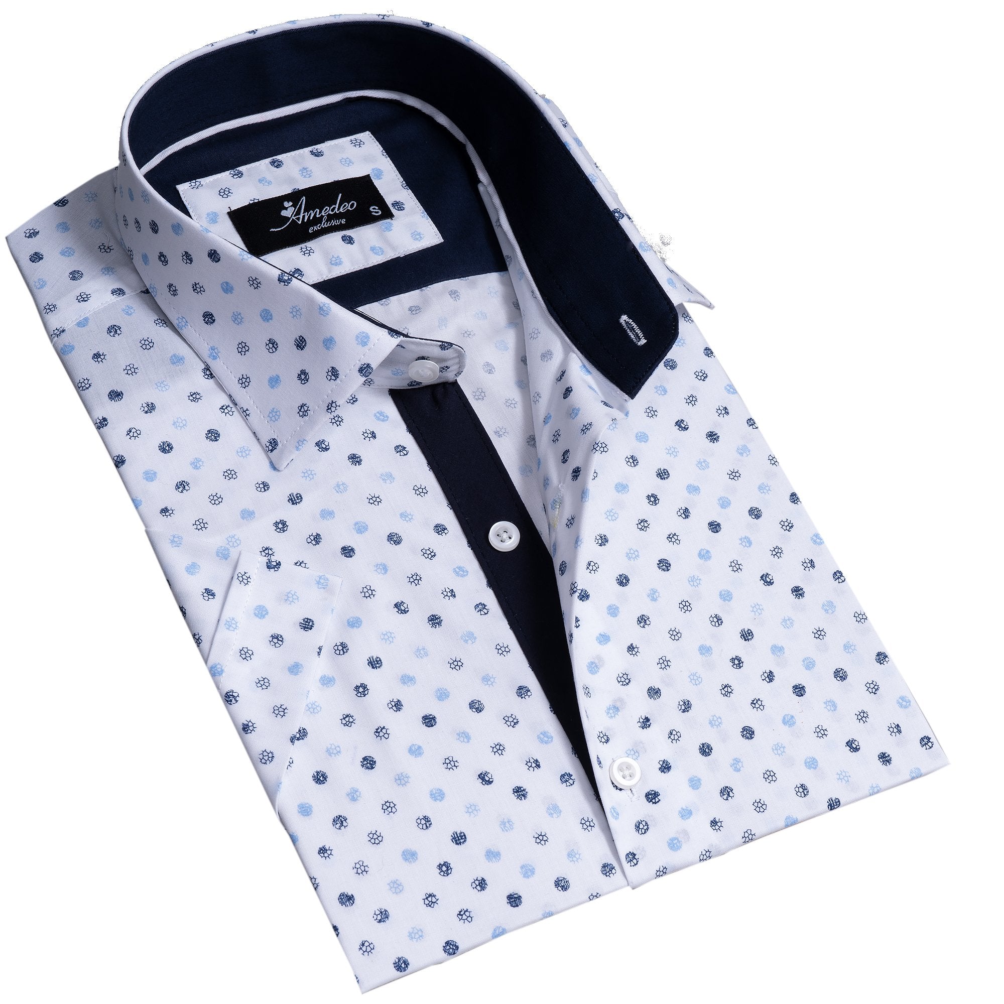 White Blue Dots Mens Short Sleeve Button up Shirts - Tailored Slim Fit