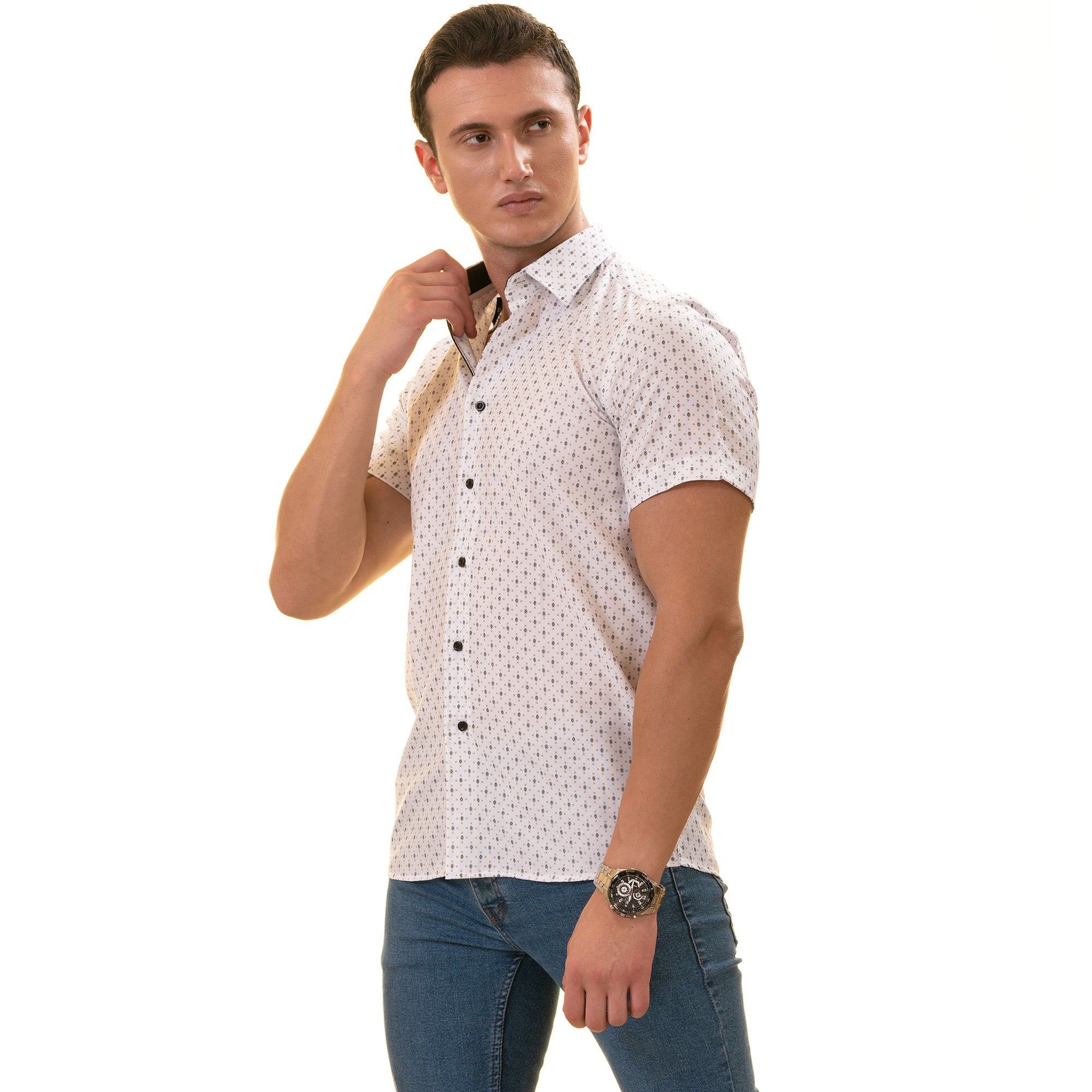 White with Black Printed Paisley  Short Sleeve Button up Shirts -