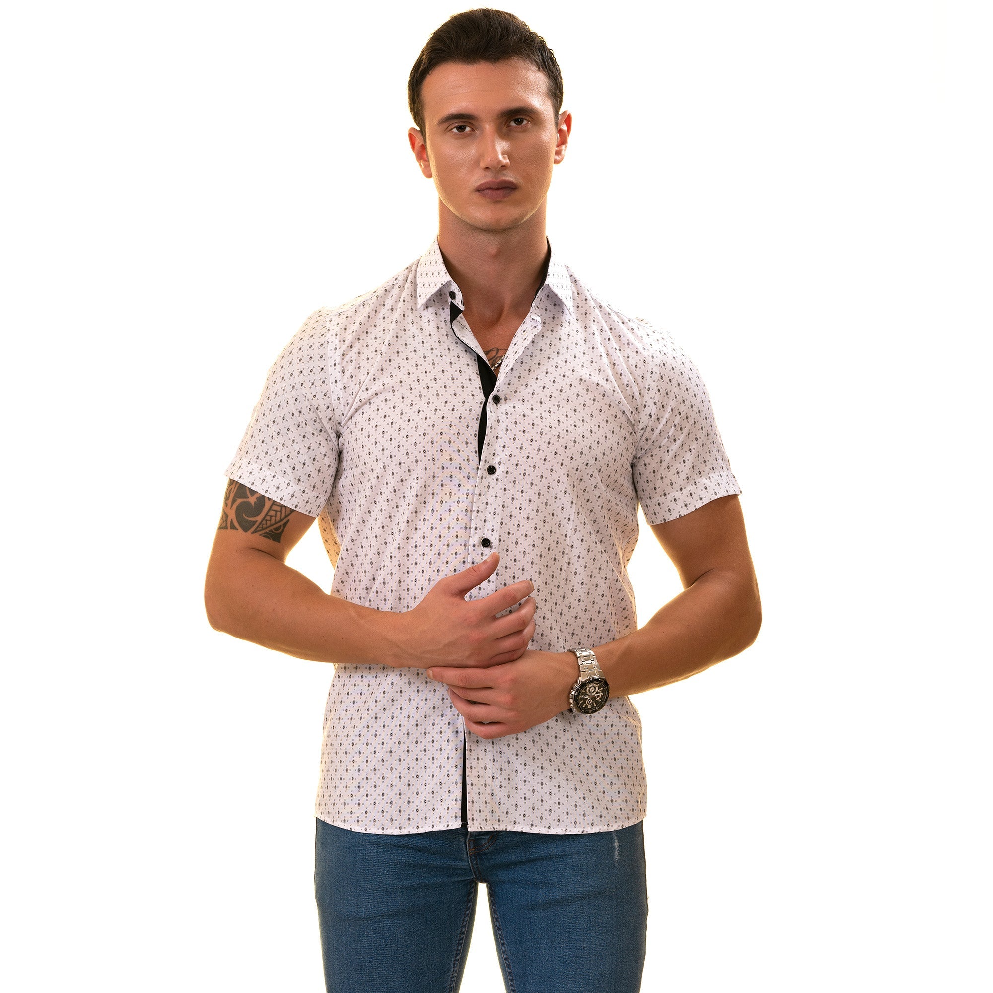 White with Black Printed Paisley  Short Sleeve Button up Shirts -