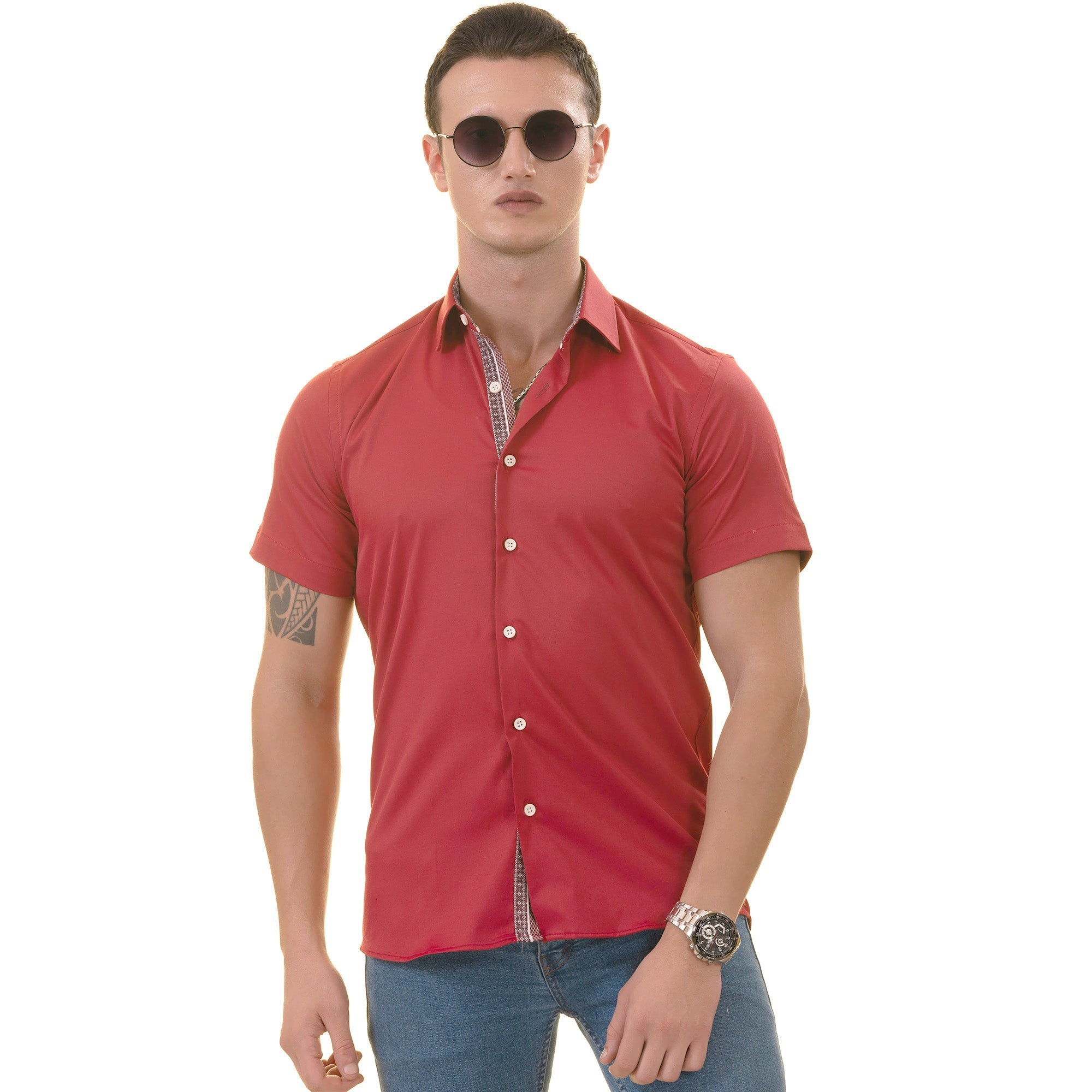 Red with Burgandy interior Paisley  Short Sleeve Button up Shirts -