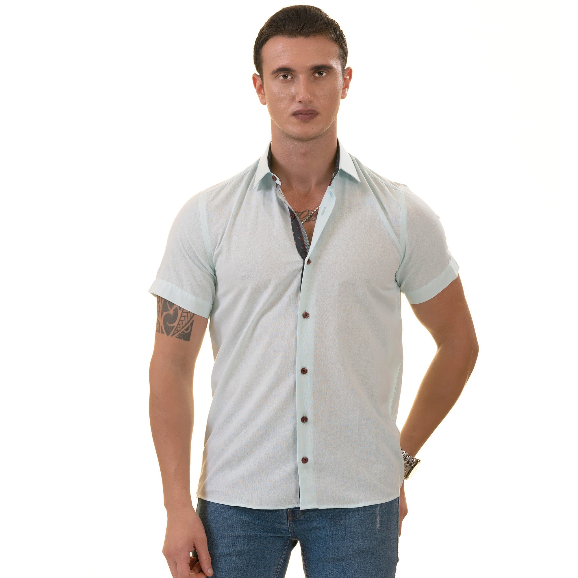 Mint Green Paisley  Short Sleeve Button up Shirts - Tailored Slim Fit