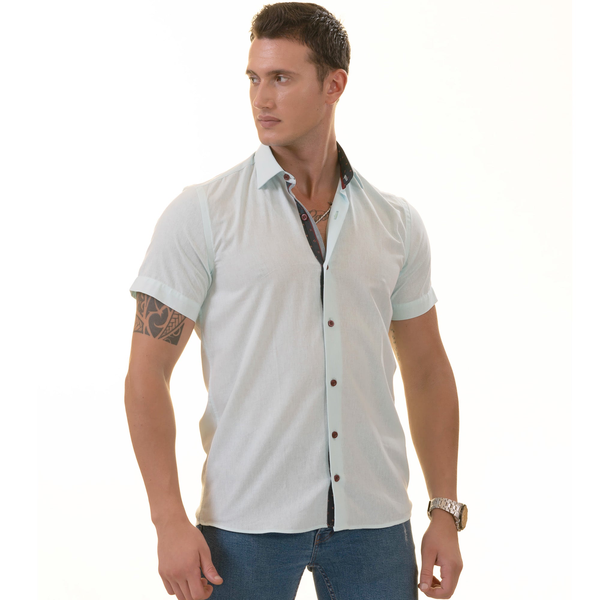 Mint Green Paisley  Short Sleeve Button up Shirts - Tailored Slim Fit