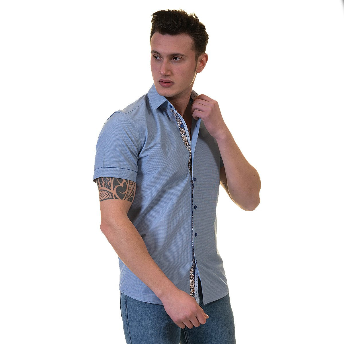 Blue Mens Short Sleeve Button up Shirts - Tailored Slim Fit Cotton