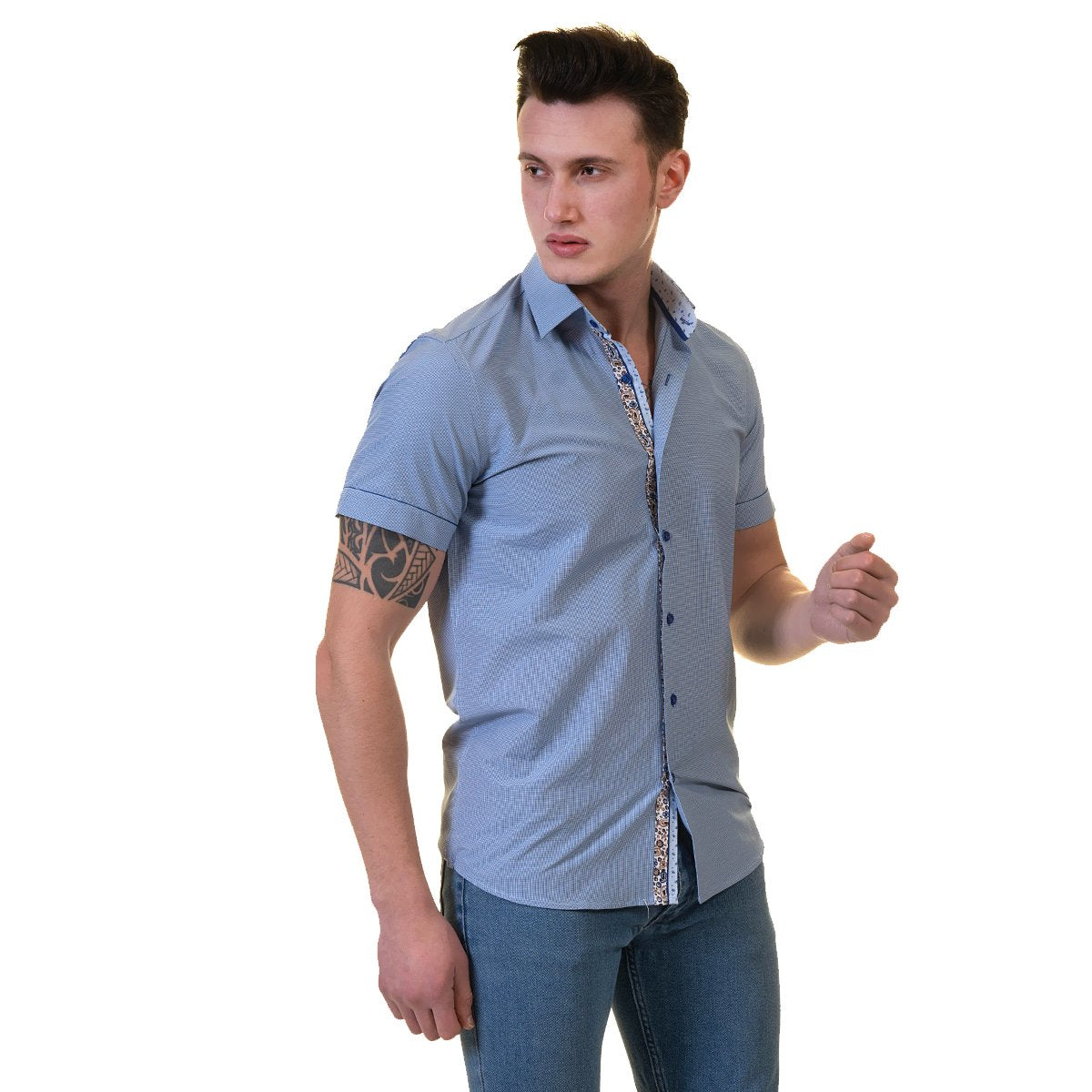 Blue Mens Short Sleeve Button up Shirts - Tailored Slim Fit Cotton