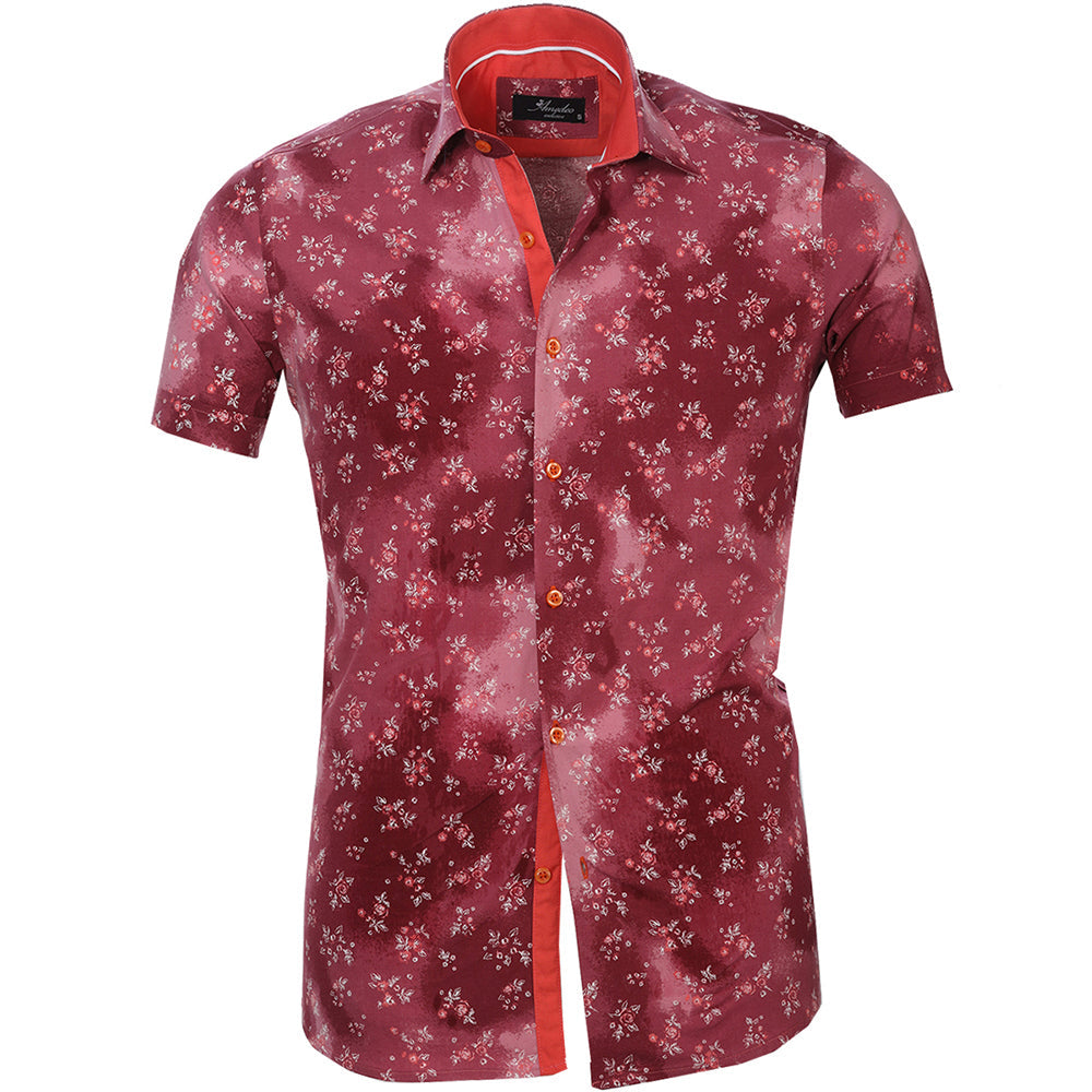 Red with White Floral Mens Short Sleeve Button up Shirts - Tailored