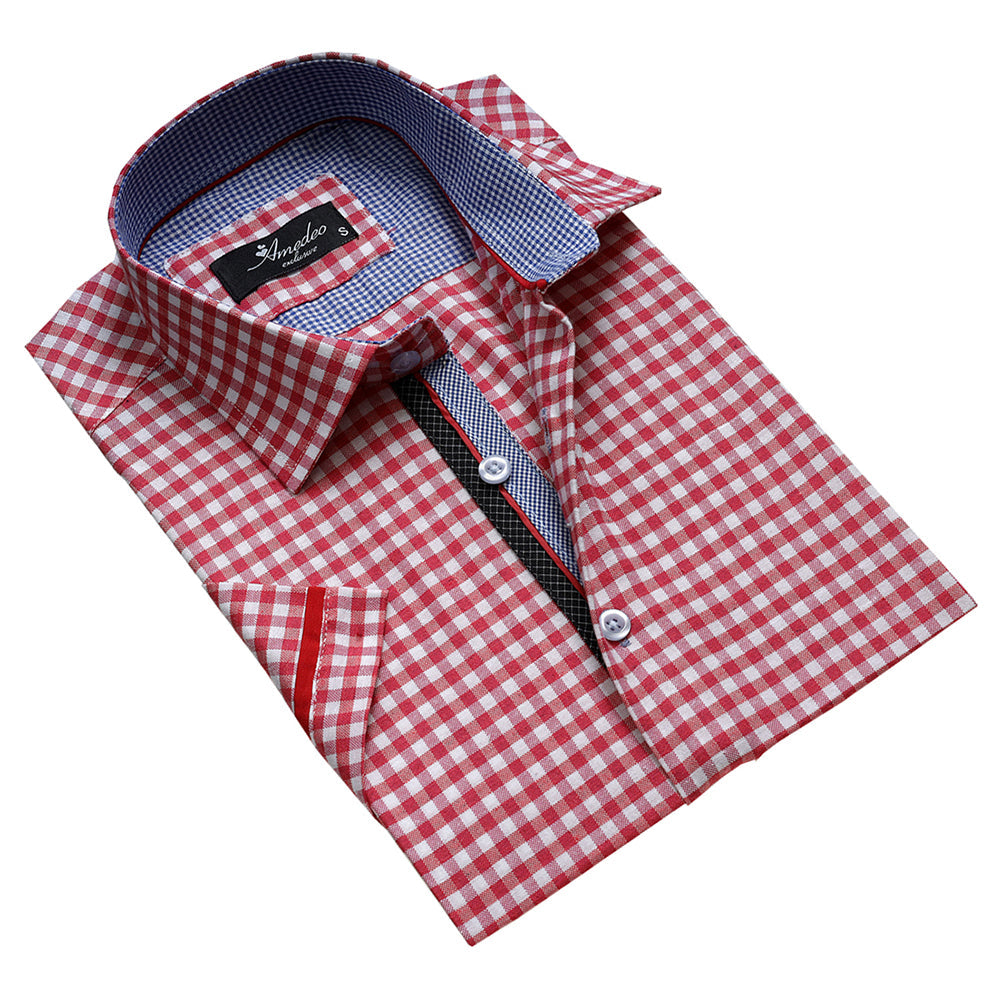 Red White Checkered Mens Short Sleeve Button up Shirts - Tailored Slim