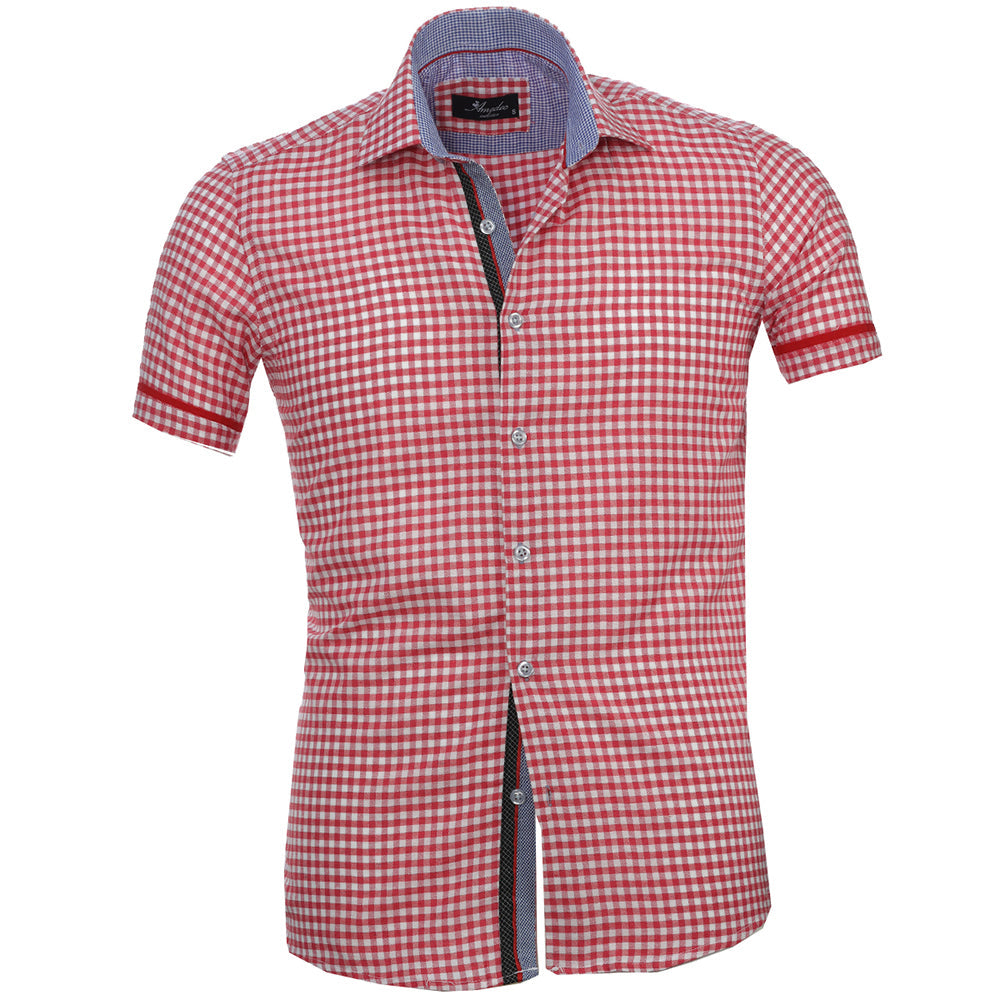 Red White Checkered Mens Short Sleeve Button up Shirts - Tailored Slim