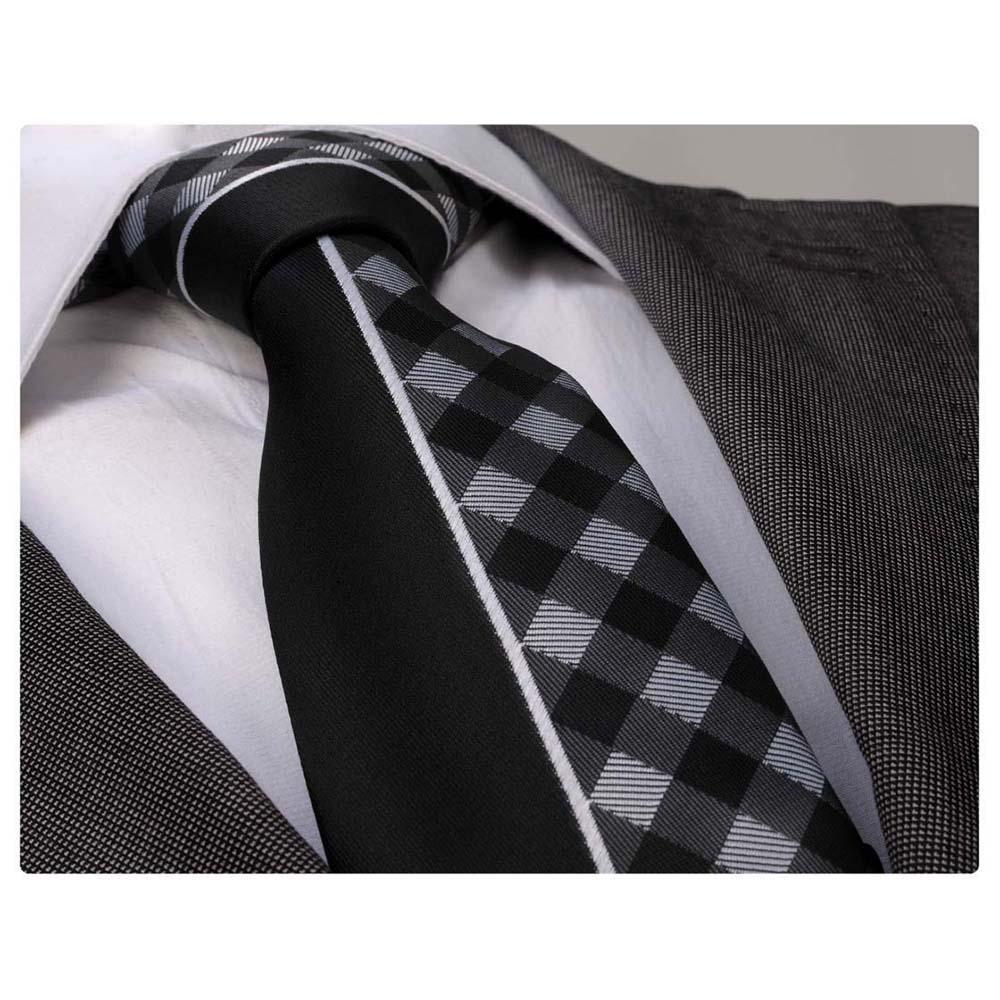 Black White Plaids Mens Designer Silk Necktie with Gift Box - Premium