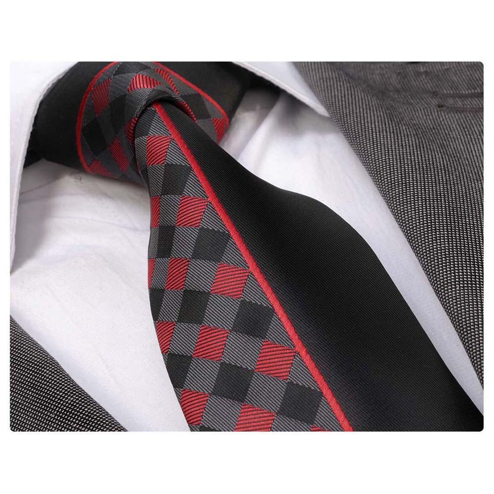 Black Red Plaids Mens Designer Silk Necktie with Gift Box - Premium