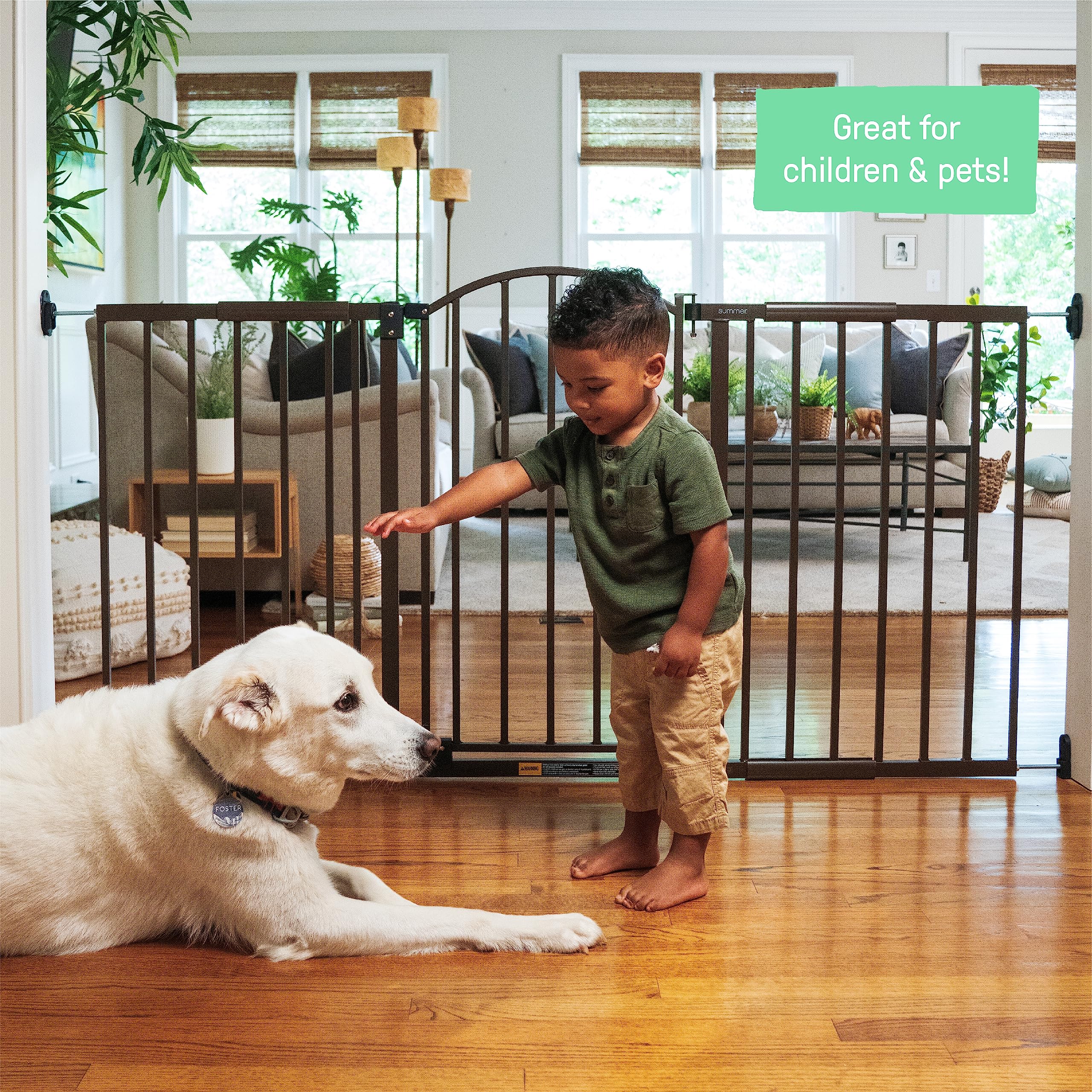 Summer Infant Metal Expansion Extra Wide Safety Pet and Baby Gate, 44"-71" Wide, 36” Tall, Hardware Mounted for Dog and Child Safety, Fits Large Opening or Doorway, Auto Close Walk Thru Door - Bronze