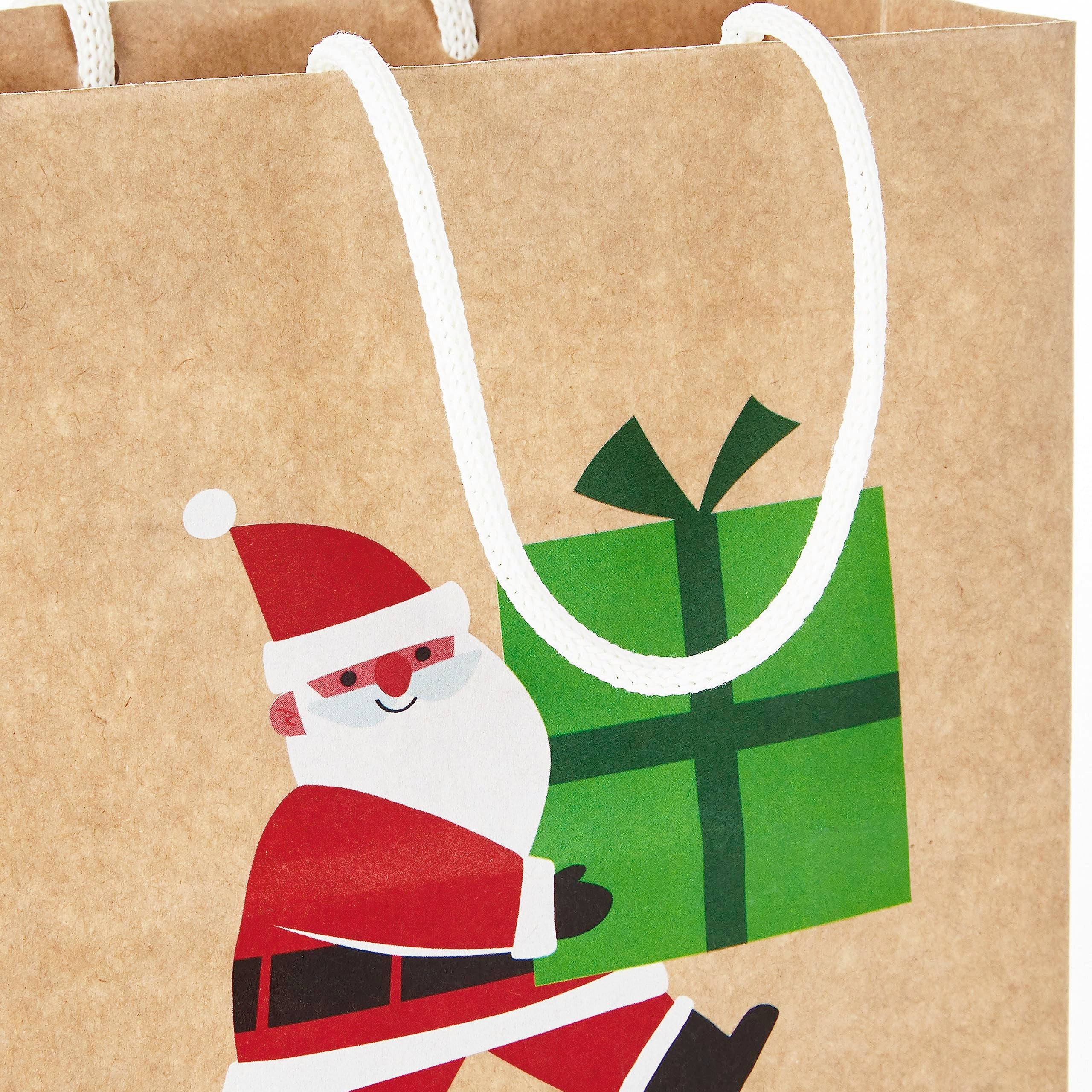 Hallmark Christmas Gift Bags for Kids (8 Bags: 3 Small 6", 3 Medium 9", 2 Large 13") Recyclable Kraft with Santa, Lights and Tree