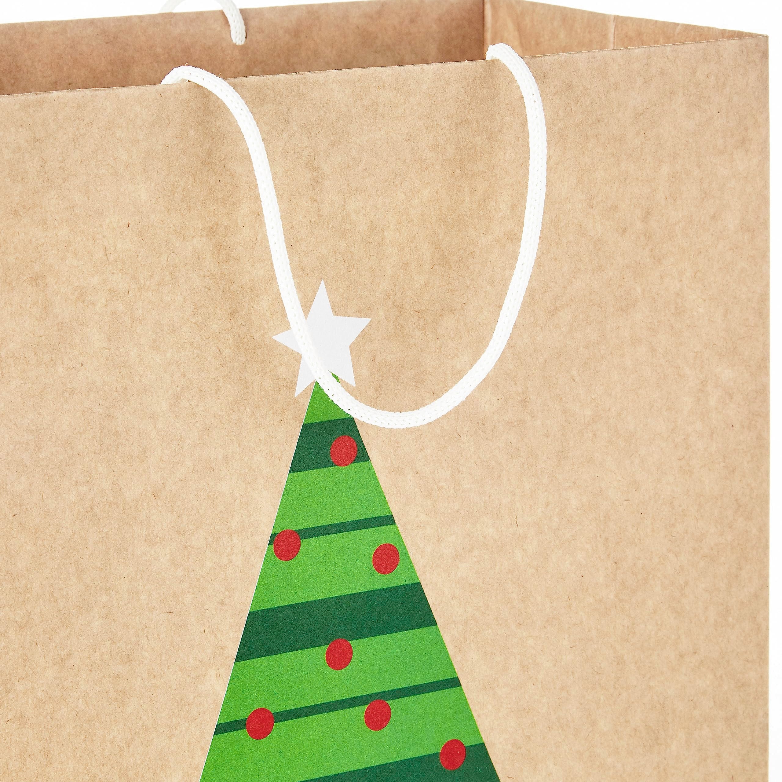 Hallmark Christmas Gift Bags for Kids (8 Bags: 3 Small 6", 3 Medium 9", 2 Large 13") Recyclable Kraft with Santa, Lights and Tree