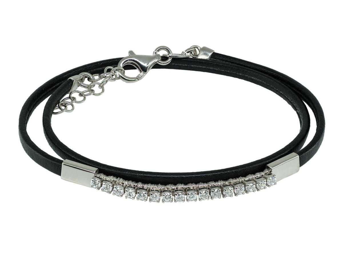 Fronay 366102 Double Layer Cubic Zirconia Black Leather Wrap Bracelet