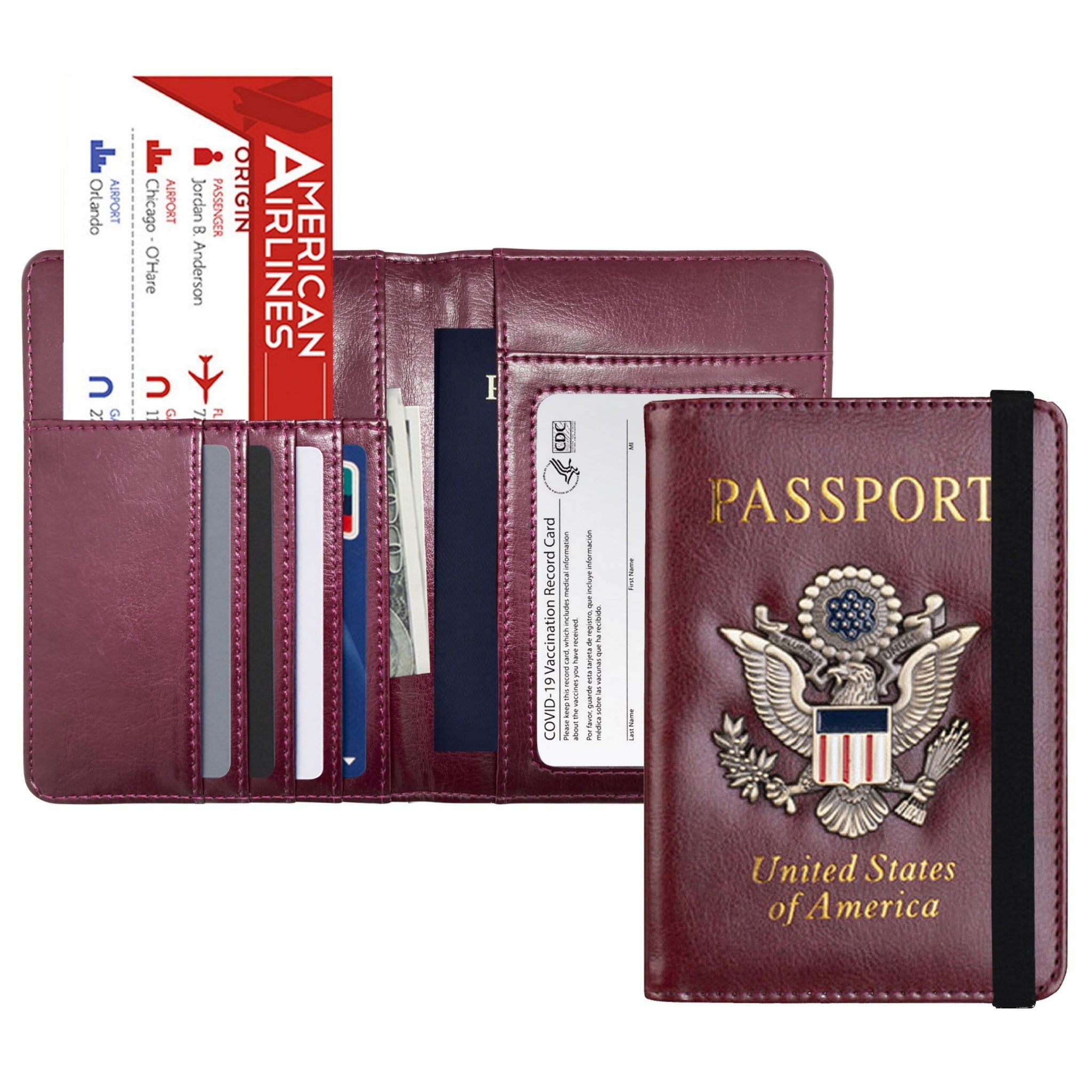 RFID Blocking Leather Passport Wallet With Vaccination Card Slot &