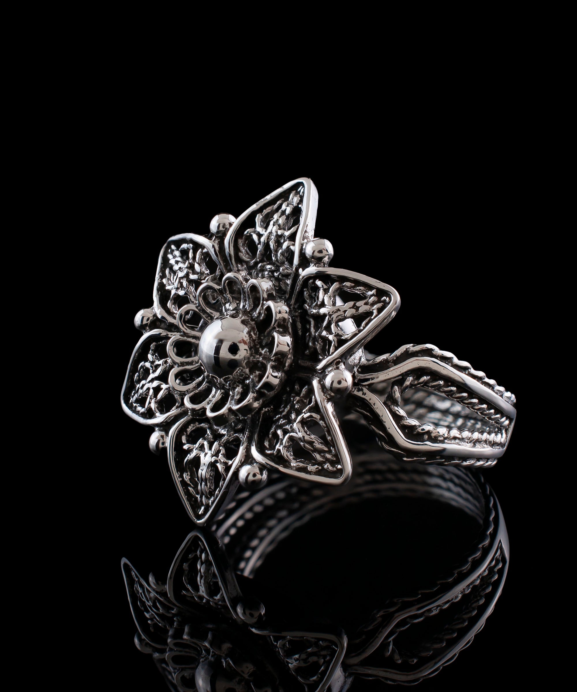 Sterling Silver Filigree Art Lotus Flower Women Cocktail Ring