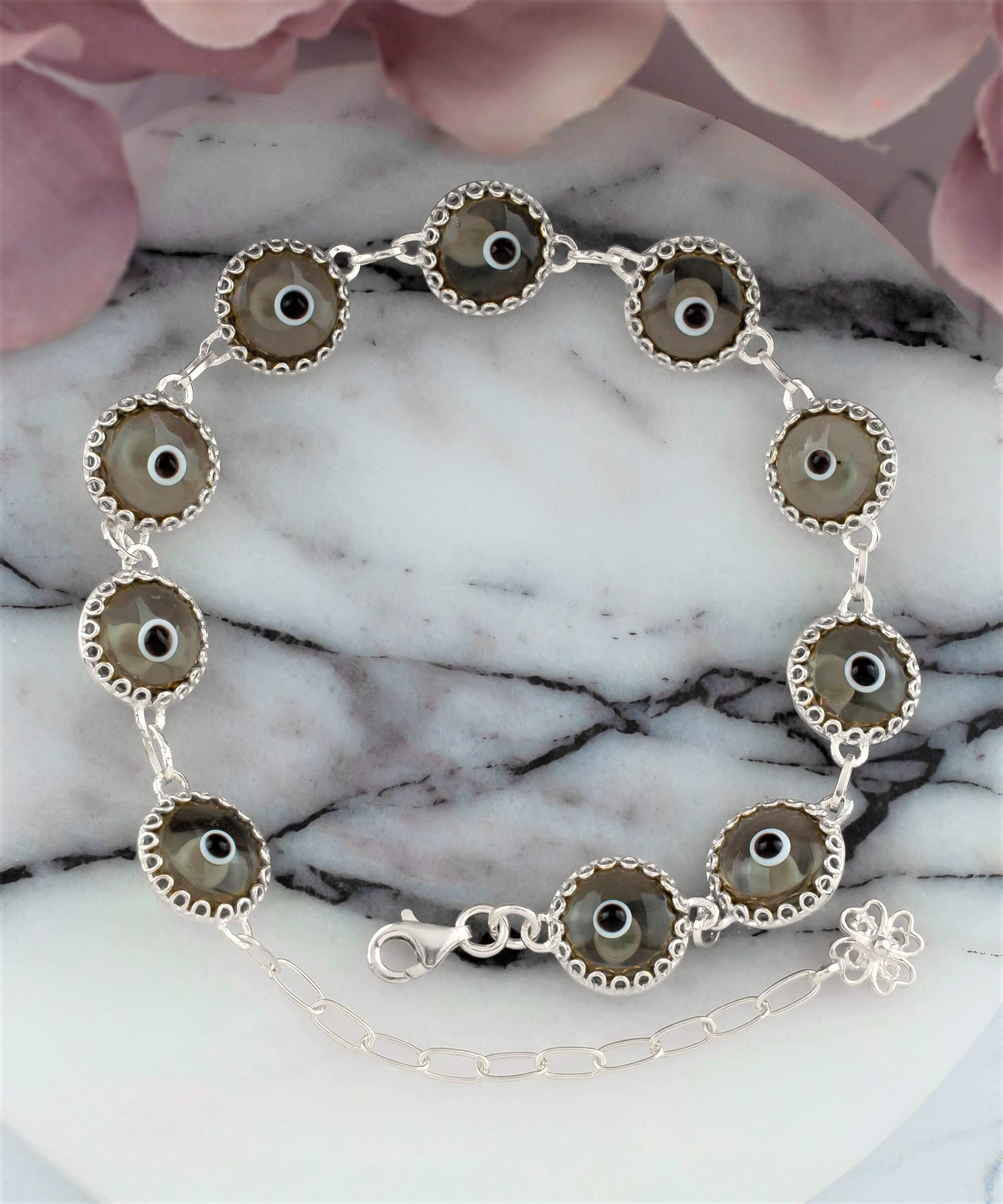 10 Beads Smokey Evil Eye Women Silver Link Bracelet