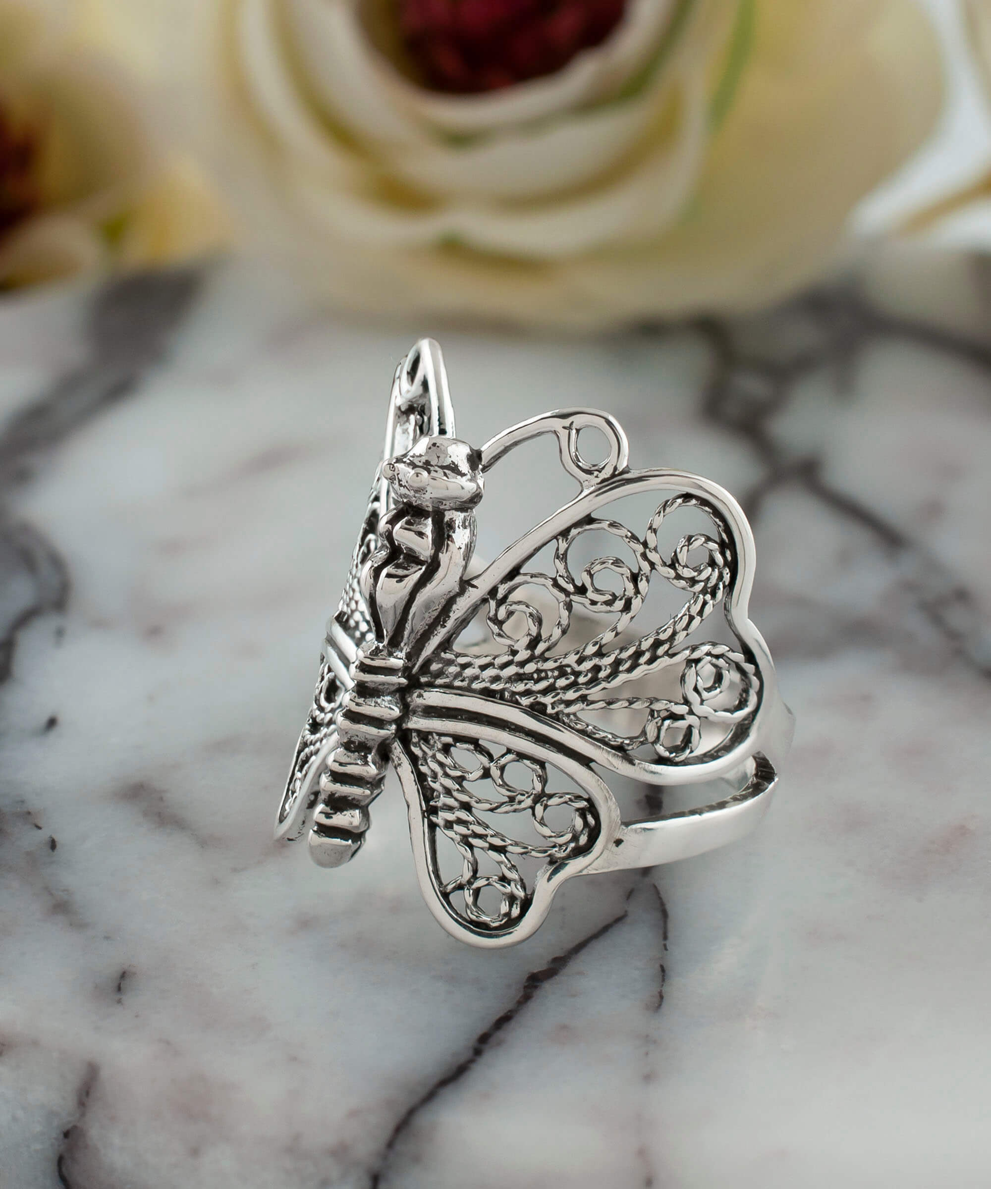 Filigree Art Butterfly Design Women Silver Statement Ring