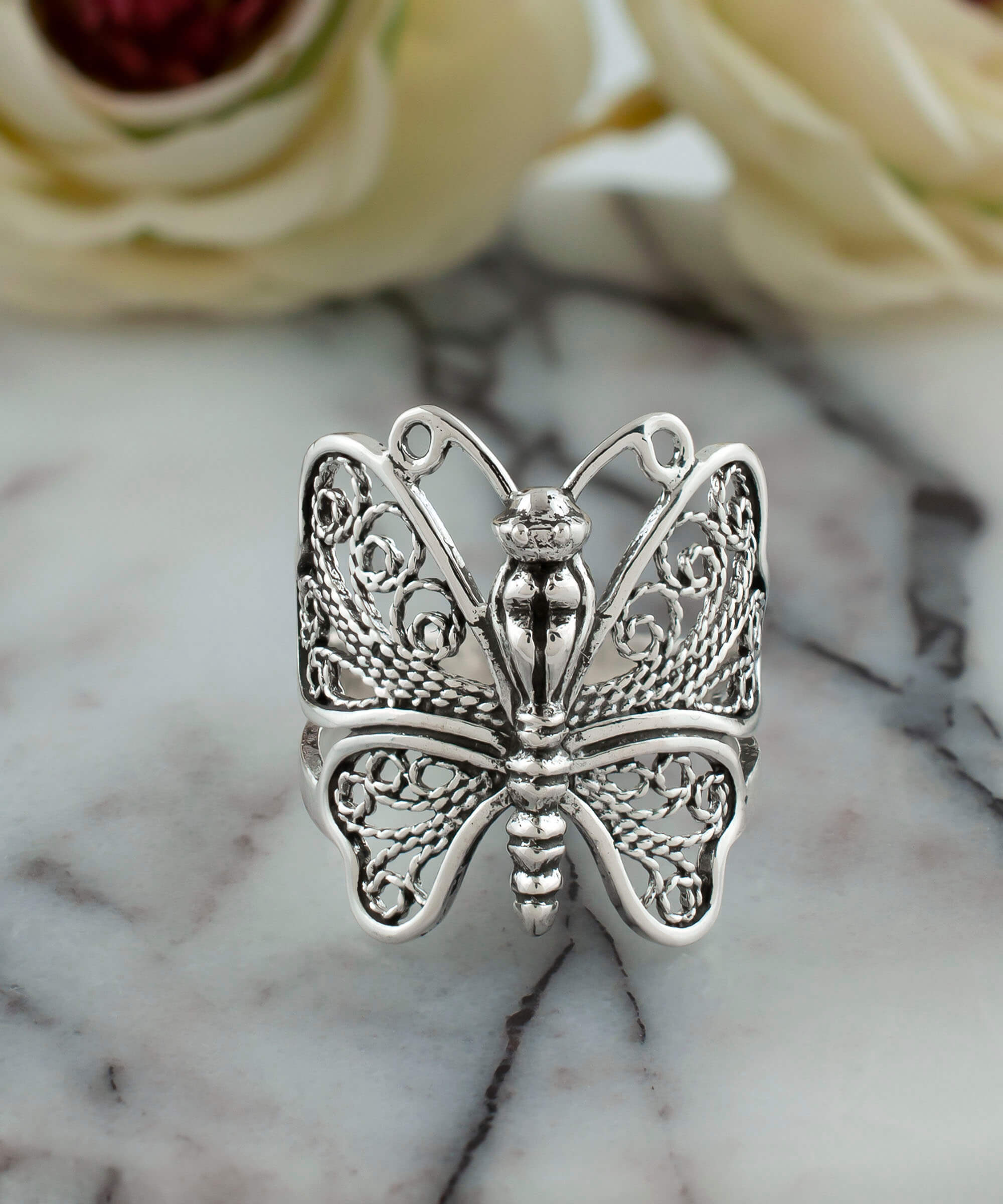 Filigree Art Butterfly Design Women Silver Statement Ring