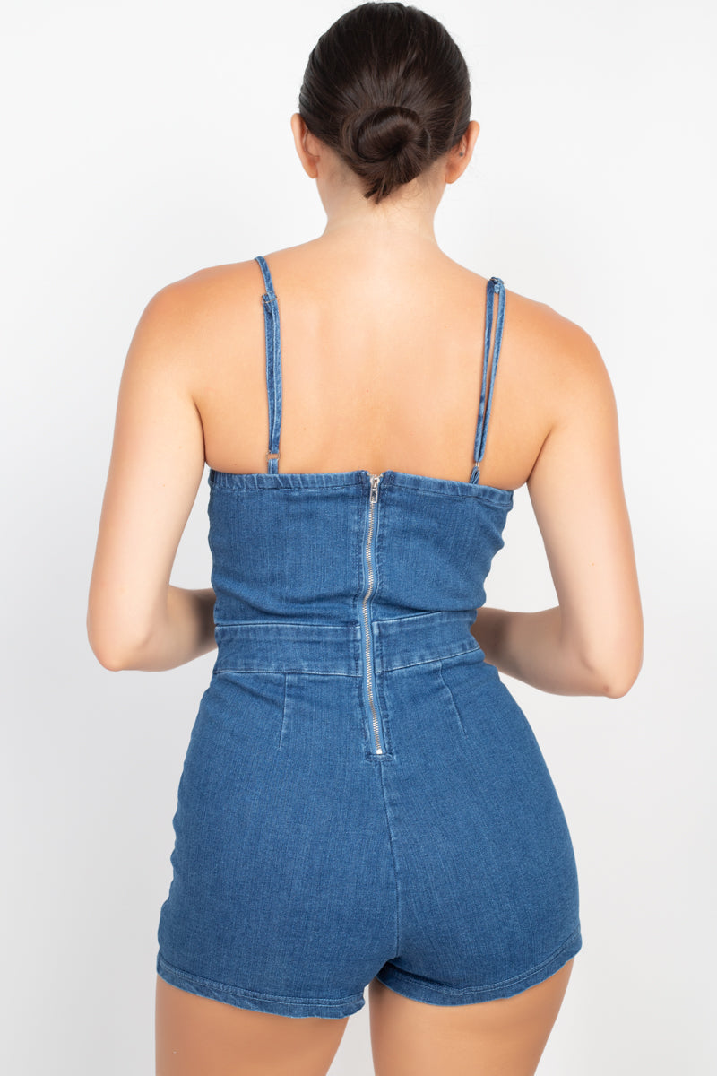 Denim Twisted-front Cutout Romper