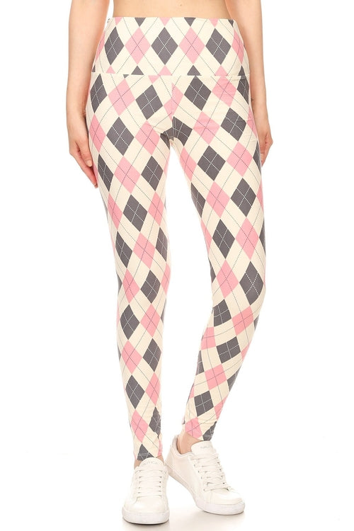 5-inch Long Yoga Style Banded Lined Argyle Printed Knit Legging With