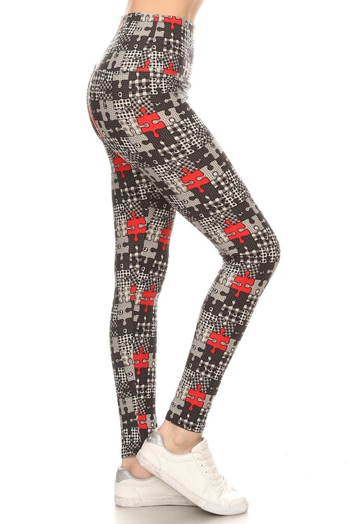 5-inch Long Yoga Style Banded Lined Puzzle Printed Knit Legging With