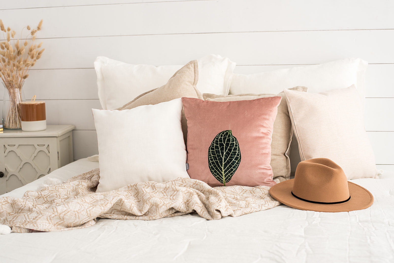 Blush Velvet Mosaic Leaf Pillow, Father's Day Gift