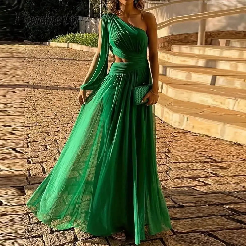 Solid Green Pleated Split Dress