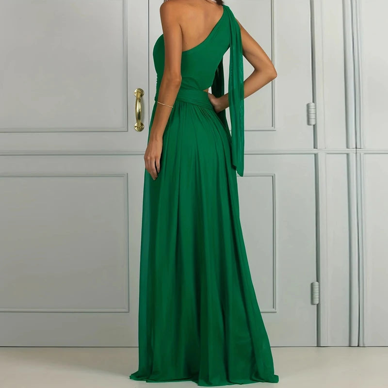 Solid Green Pleated Split Dress