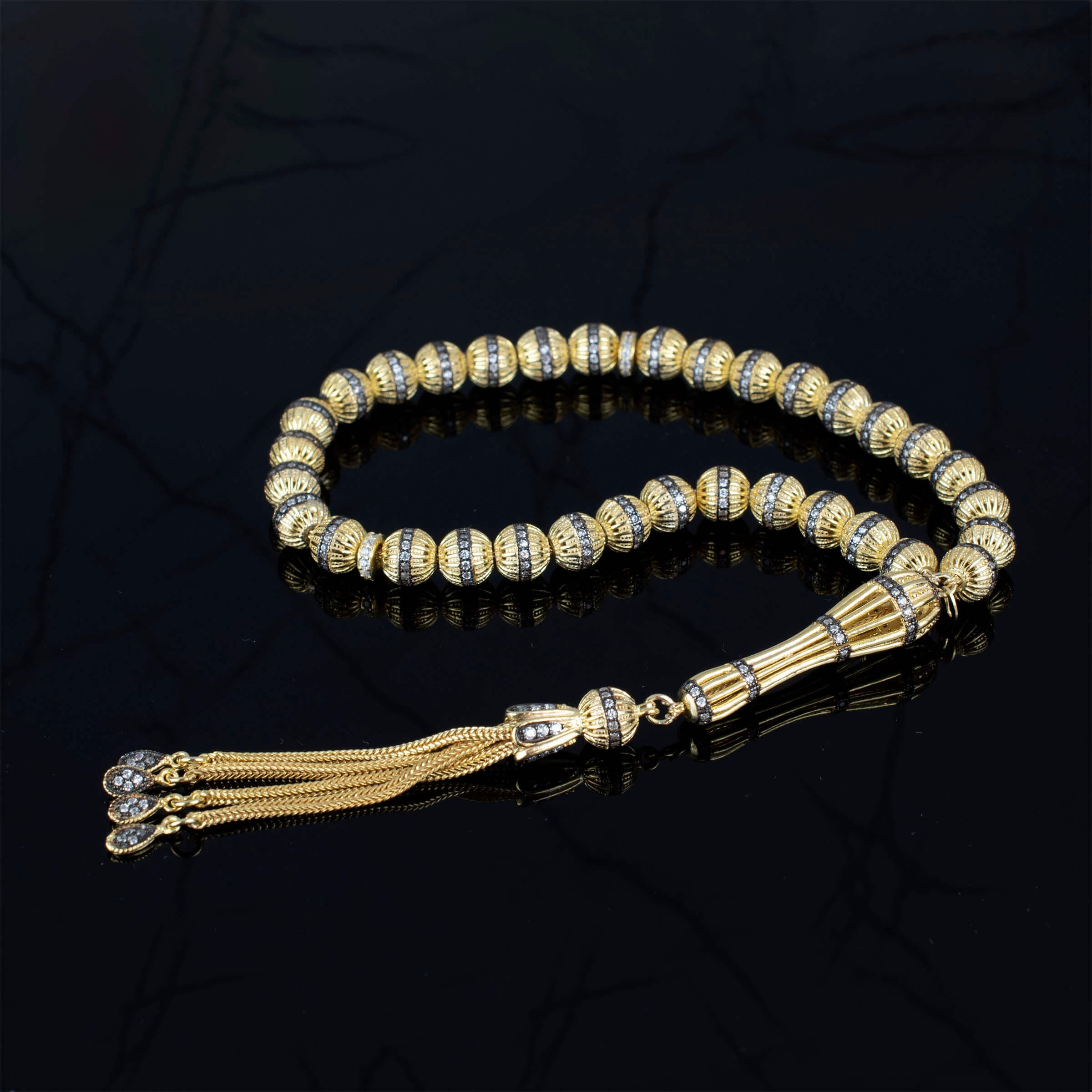 Gold Plated Sterling Silver 33 Beads Zirconia Paved Tasbih Muslim