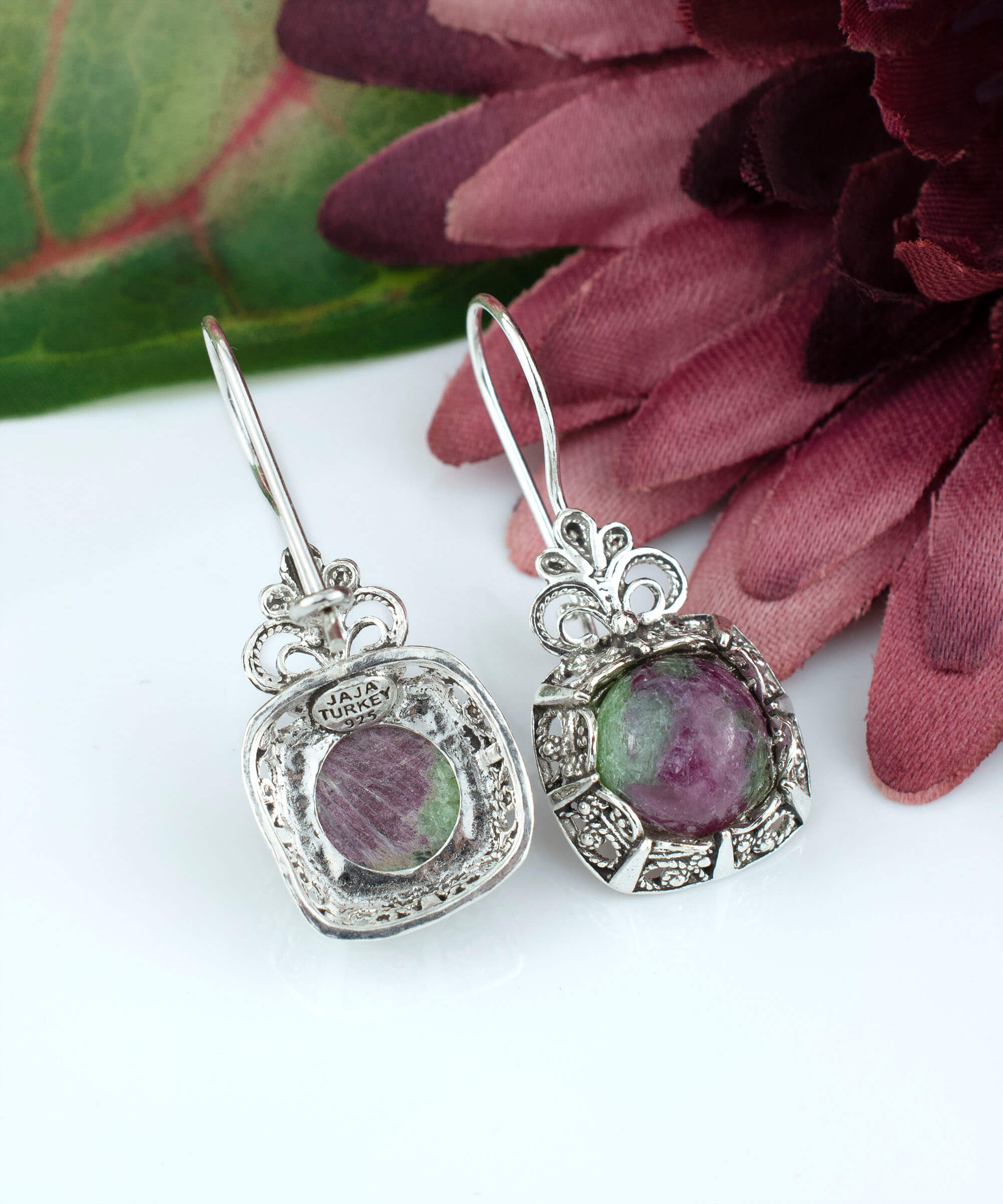 Filigree Art Ruby Zoisite Gemstone Women Silver Drop Earrings