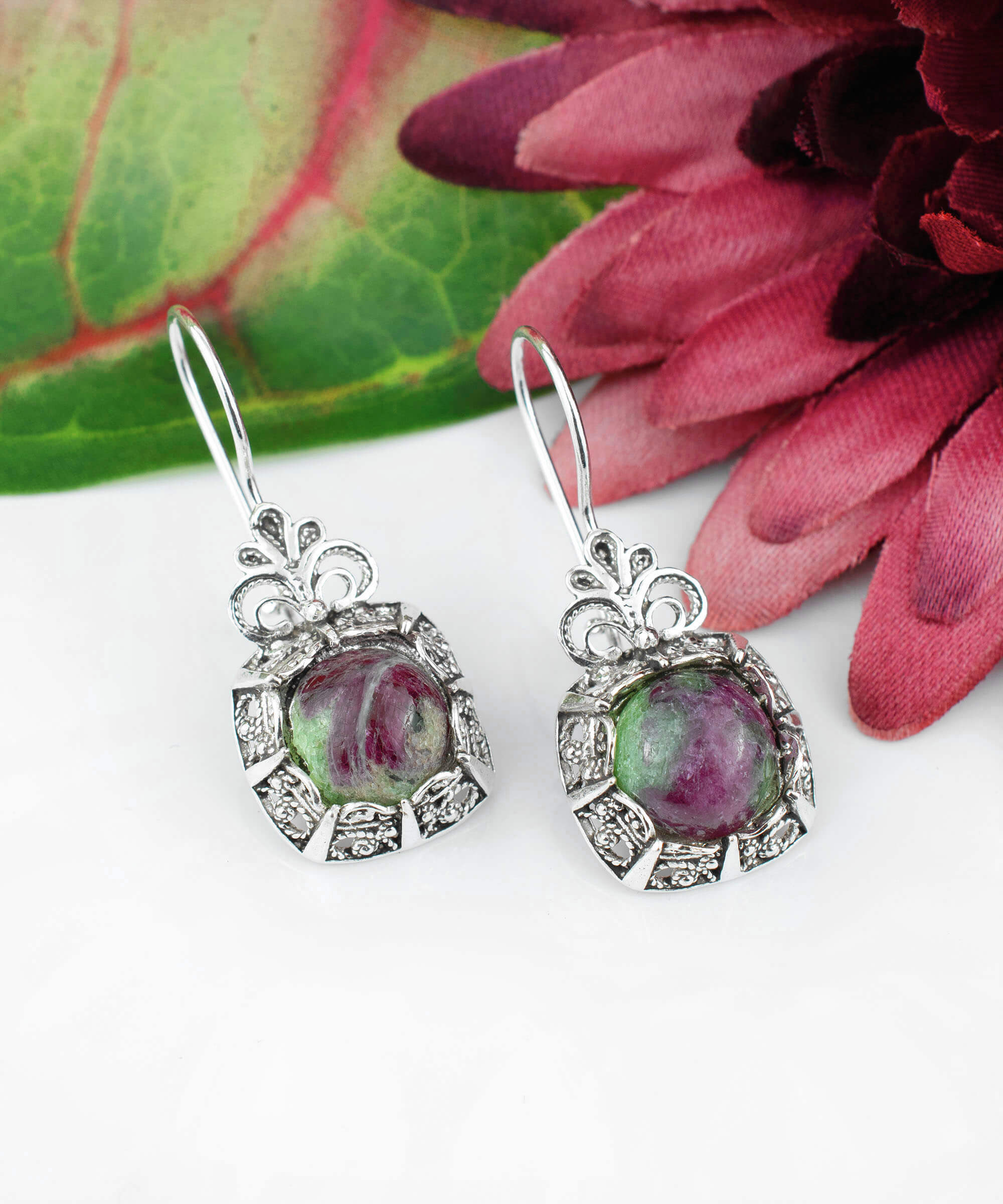 Filigree Art Ruby Zoisite Gemstone Women Silver Drop Earrings