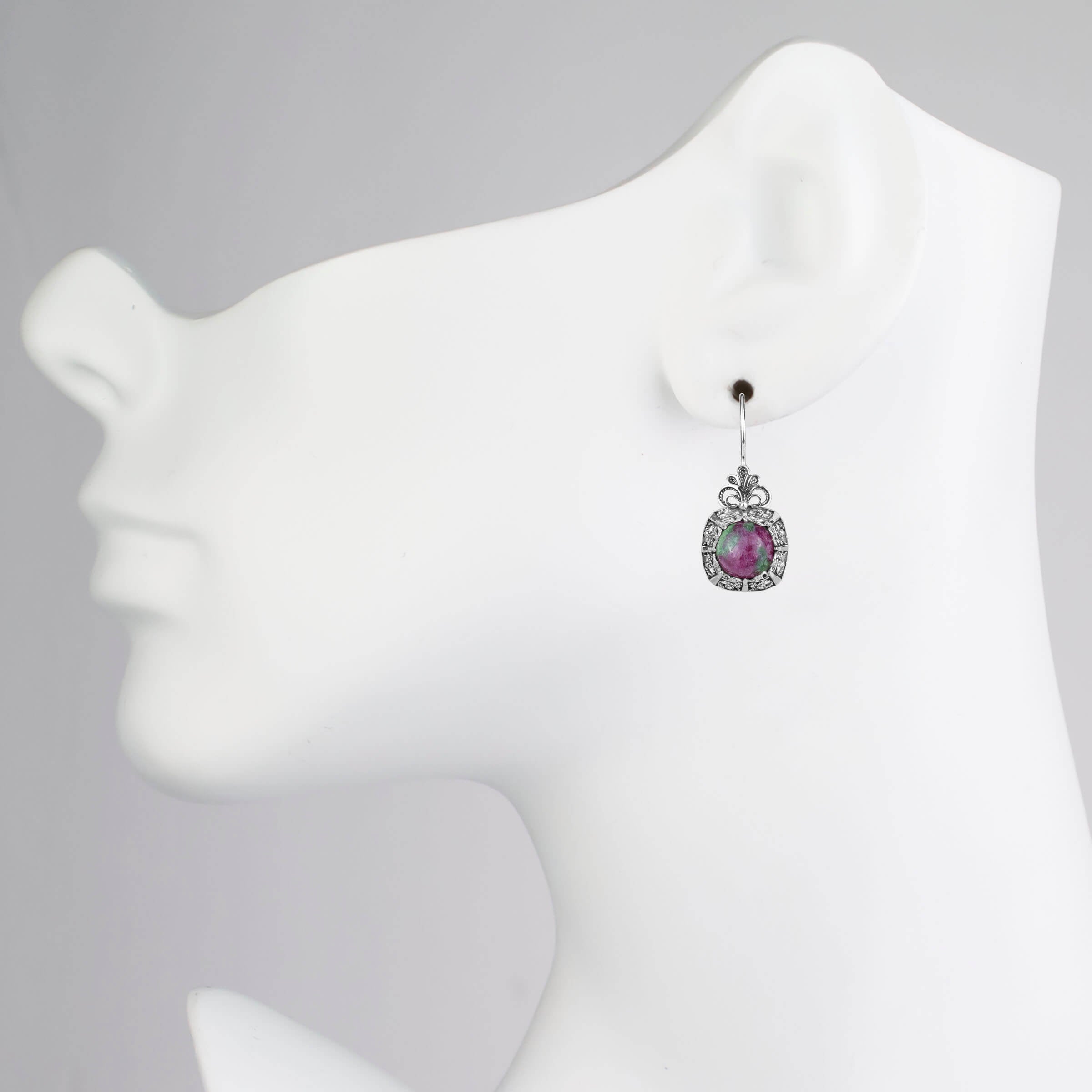 Filigree Art Ruby Zoisite Gemstone Women Silver Drop Earrings