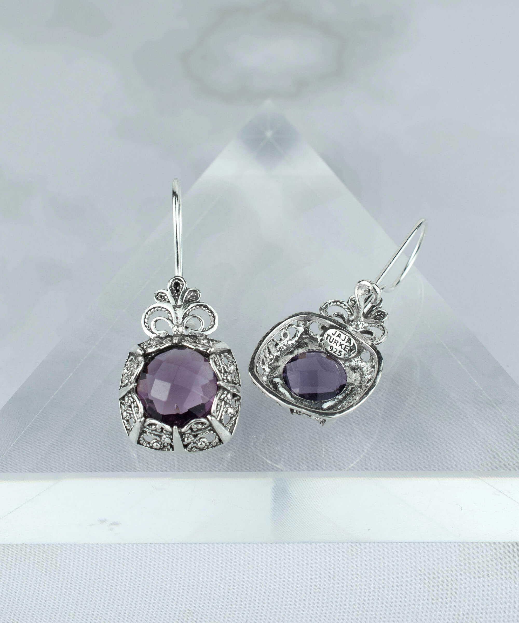 Filigree Art Amethyst Gemstone Women Silver Drop Earrings