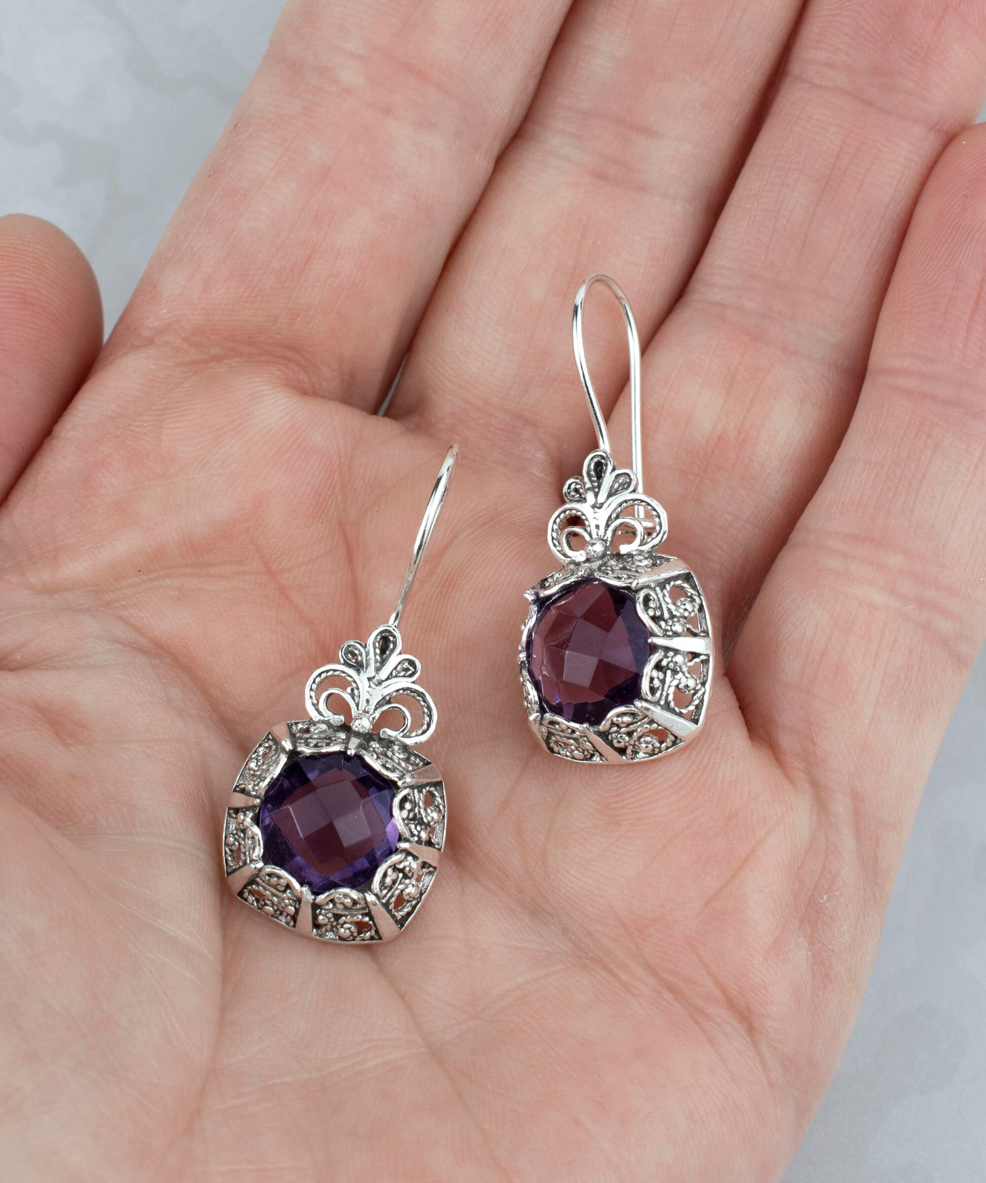 Filigree Art Amethyst Gemstone Women Silver Drop Earrings