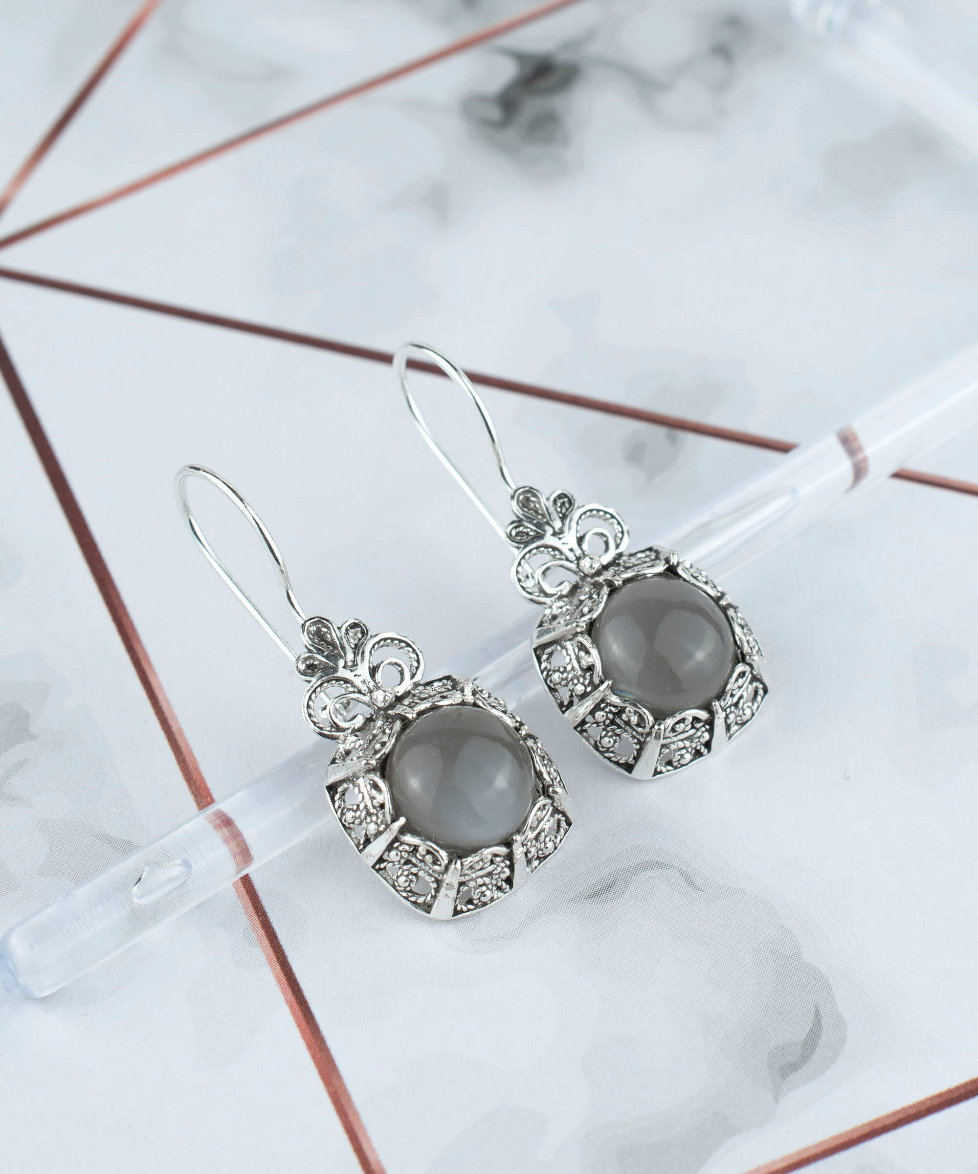 Filigree Art Gray Moonstone Gemstone Women Silver Drop Earrings