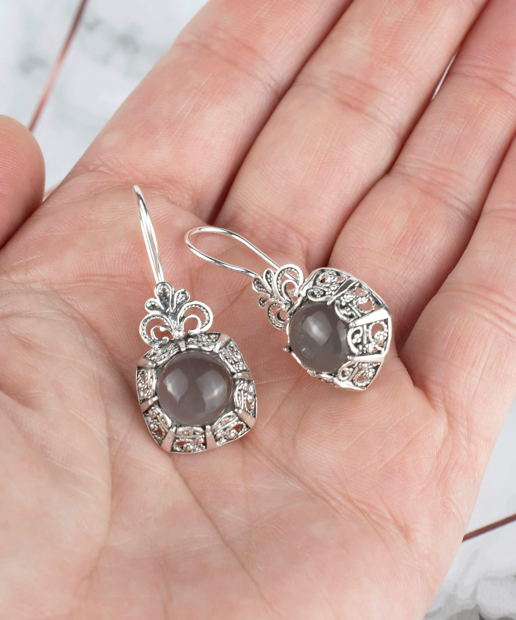 Filigree Art Gray Moonstone Gemstone Women Silver Drop Earrings