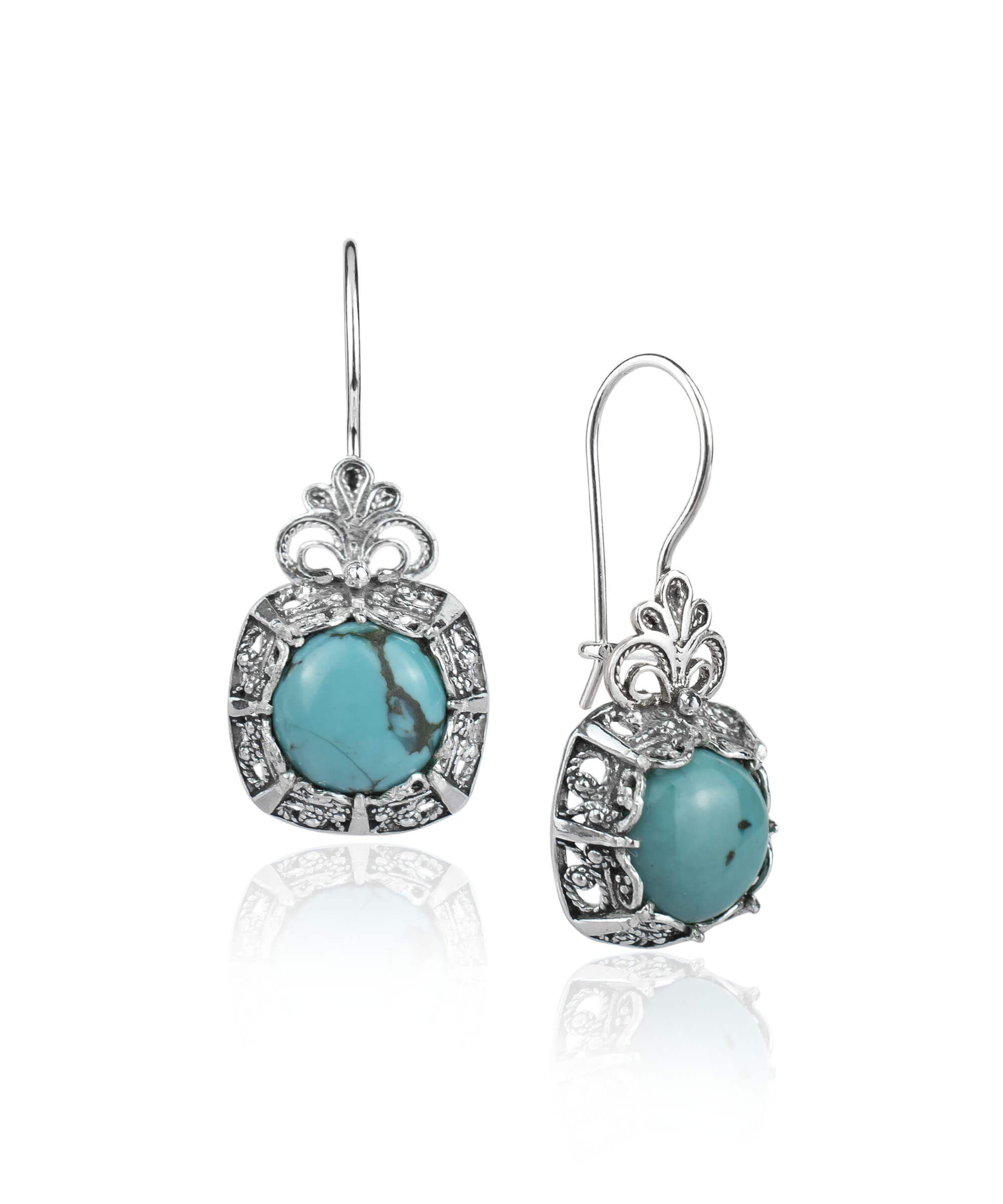 Filigree Art Turquoise Gemstone Women Silver Drop Earrings