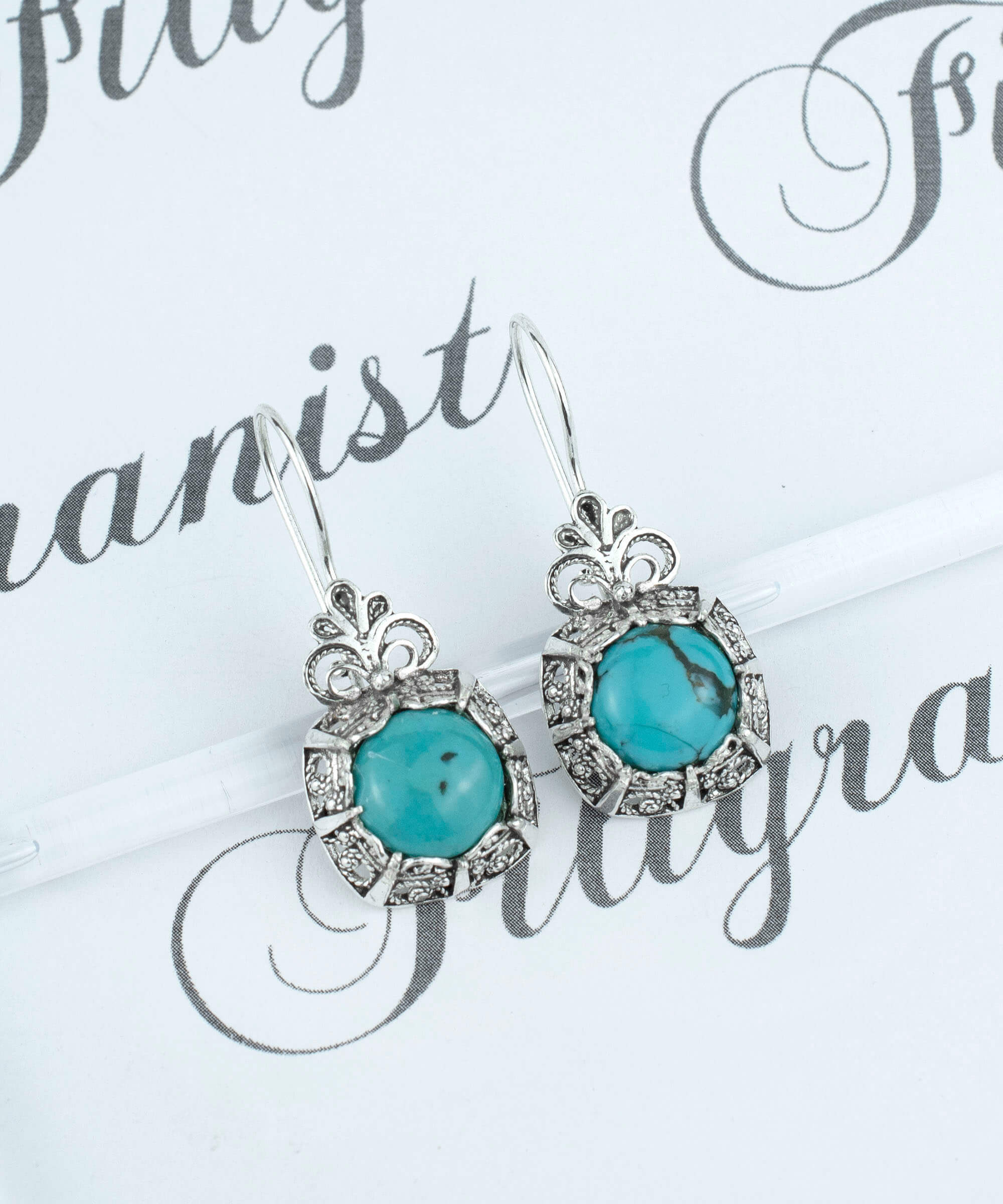 Filigree Art Turquoise Gemstone Women Silver Drop Earrings